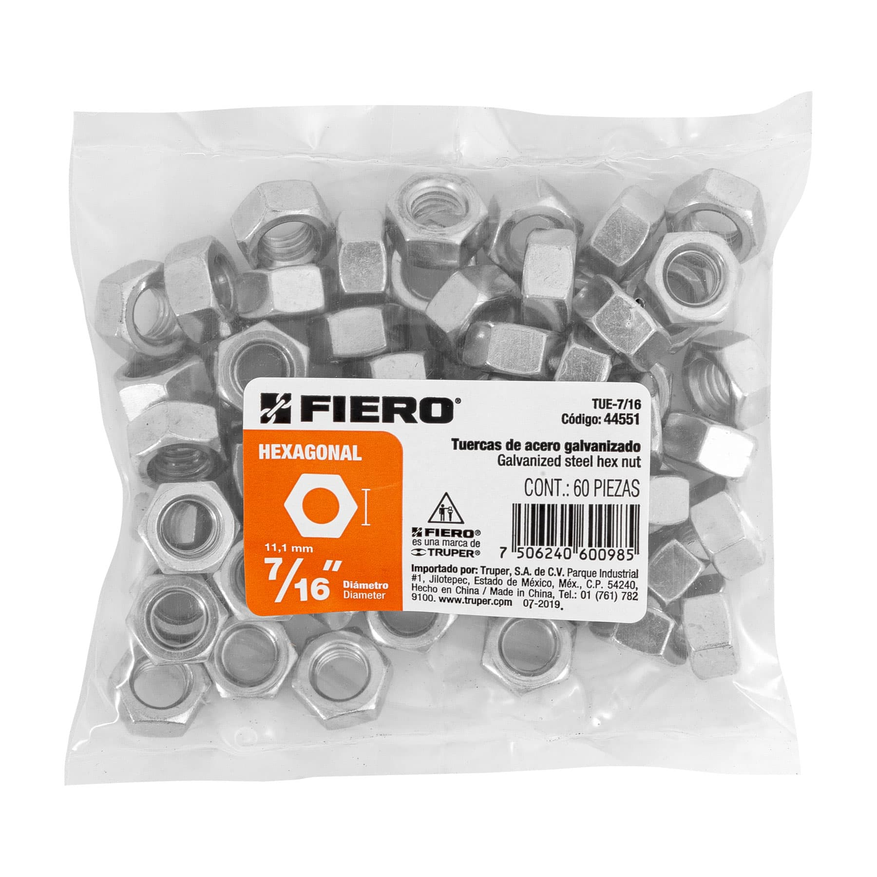 Tuerca de acero galvanizado hexagonal de 7/16", 60 pzas