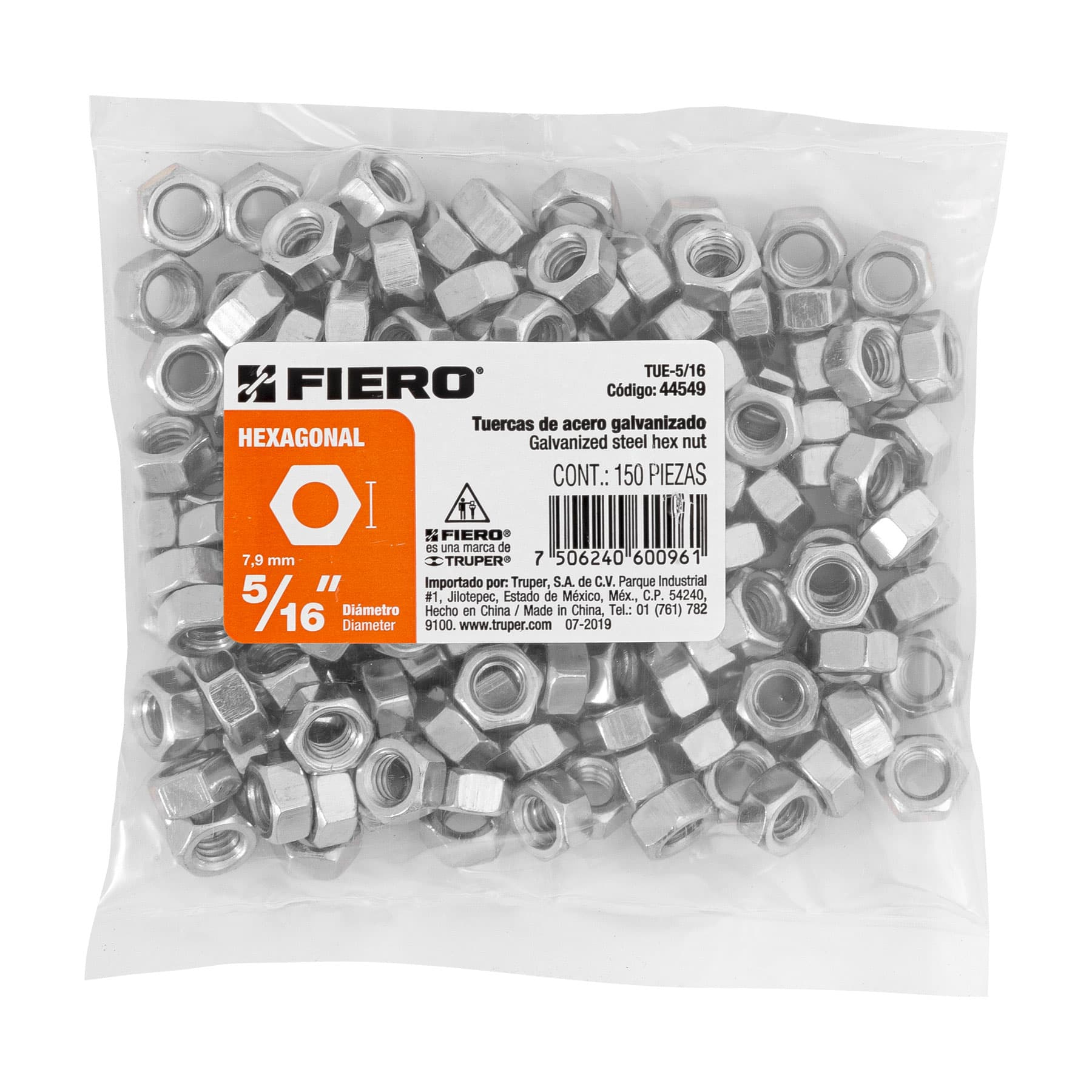 Tuerca de acero galvanizado hexagonal de 5/16", 150 pzas