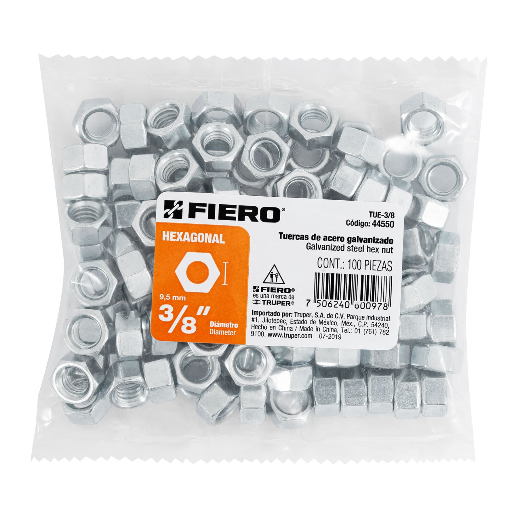 Tuerca de acero galvanizado hexagonal de 3/8", 100 pzas