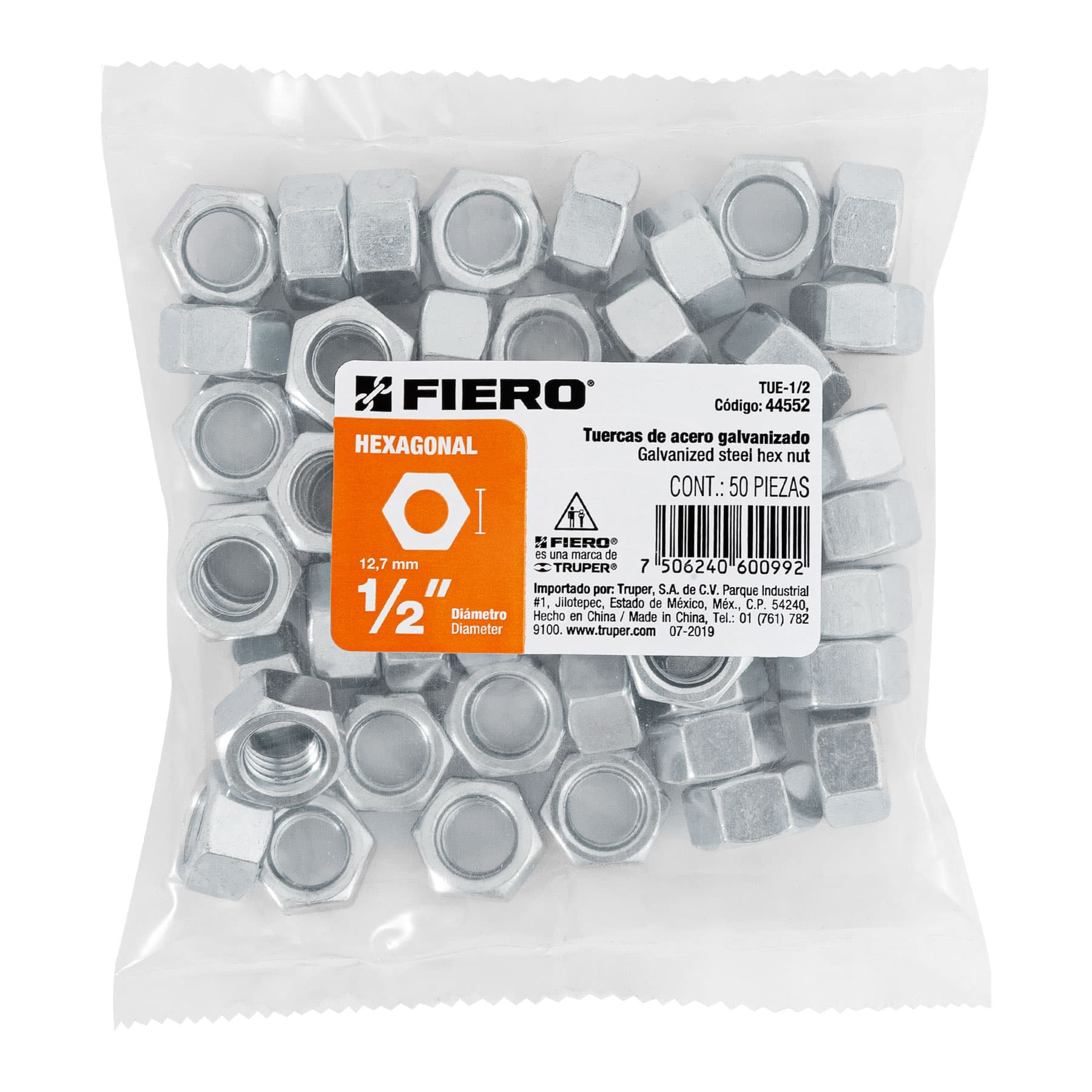 Tuerca de acero galvanizado hexagonal de 1/2", 50 pzas