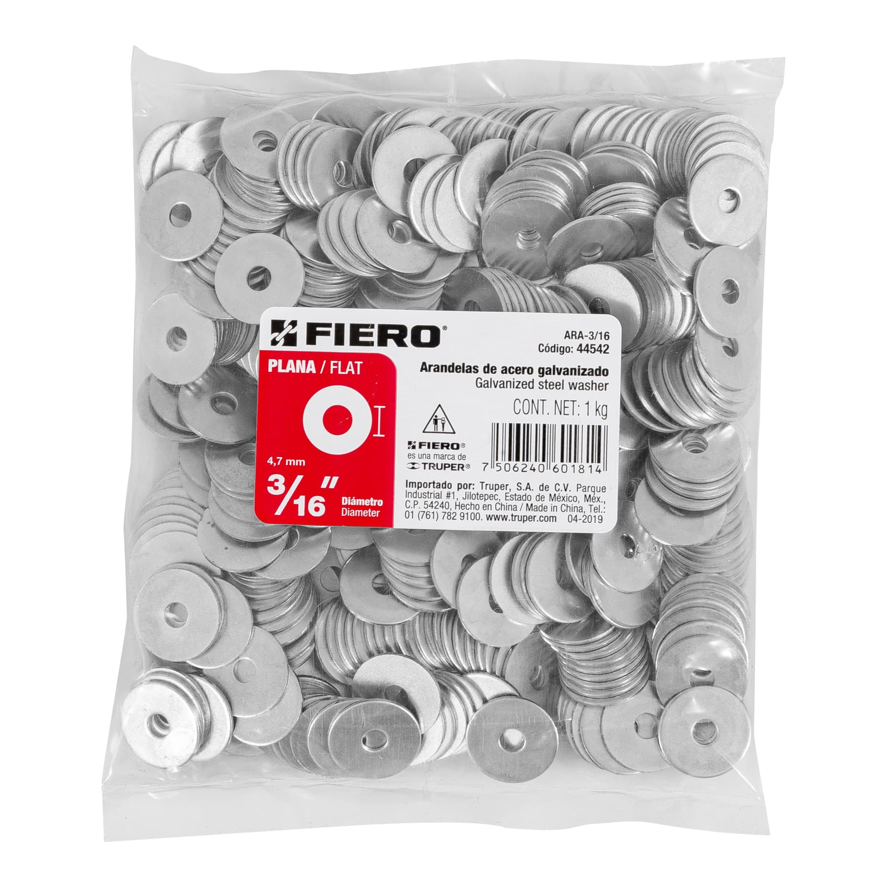 Arandela de acero galvanizado de 3/16", bolsa de 1 kg