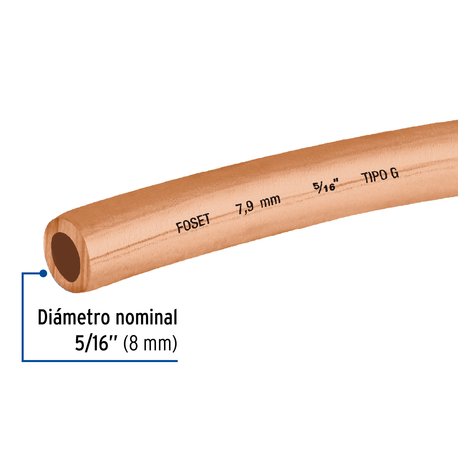 Tubo de cobre flexible, 5/16", rollo de 15 metros