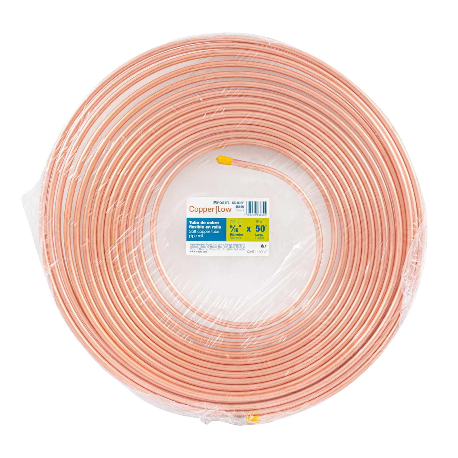 Tubo de cobre flexible, 5/16", rollo de 15 metros