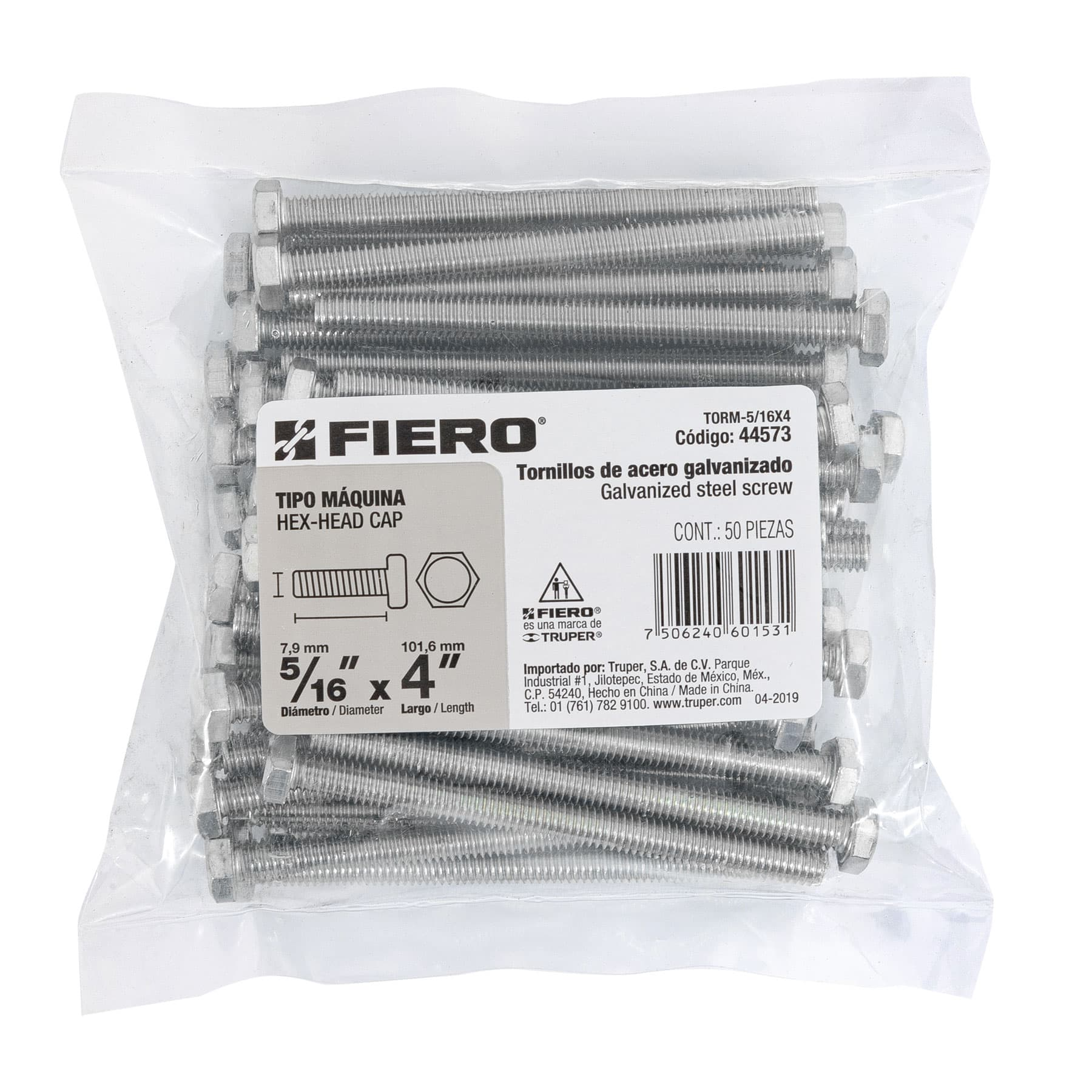 Tornillo acero galvanizado tipo máquina 5/16x4", 50 pzas