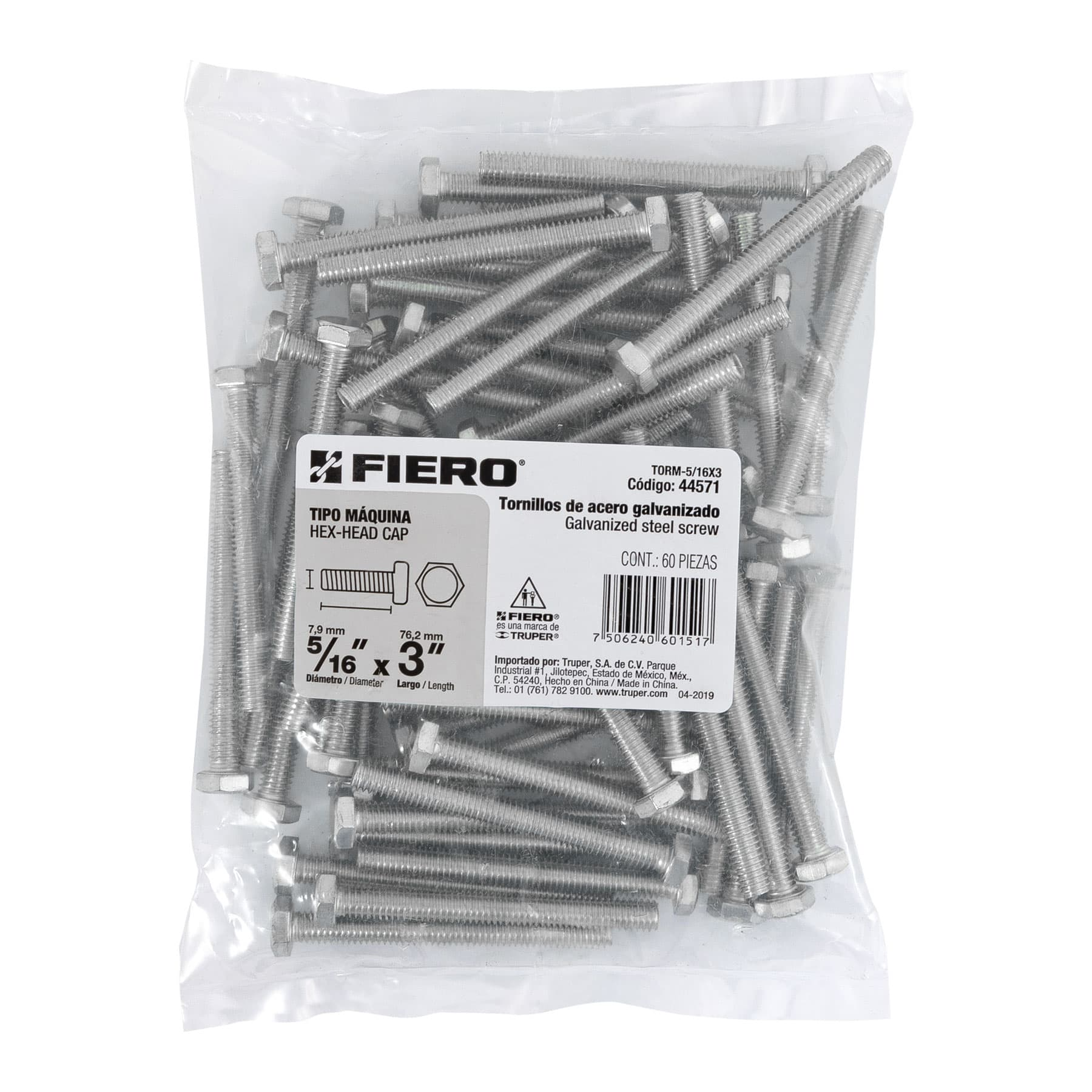 Tornillo acero galvanizado tipo máquina 5/16x3", 60 pzas