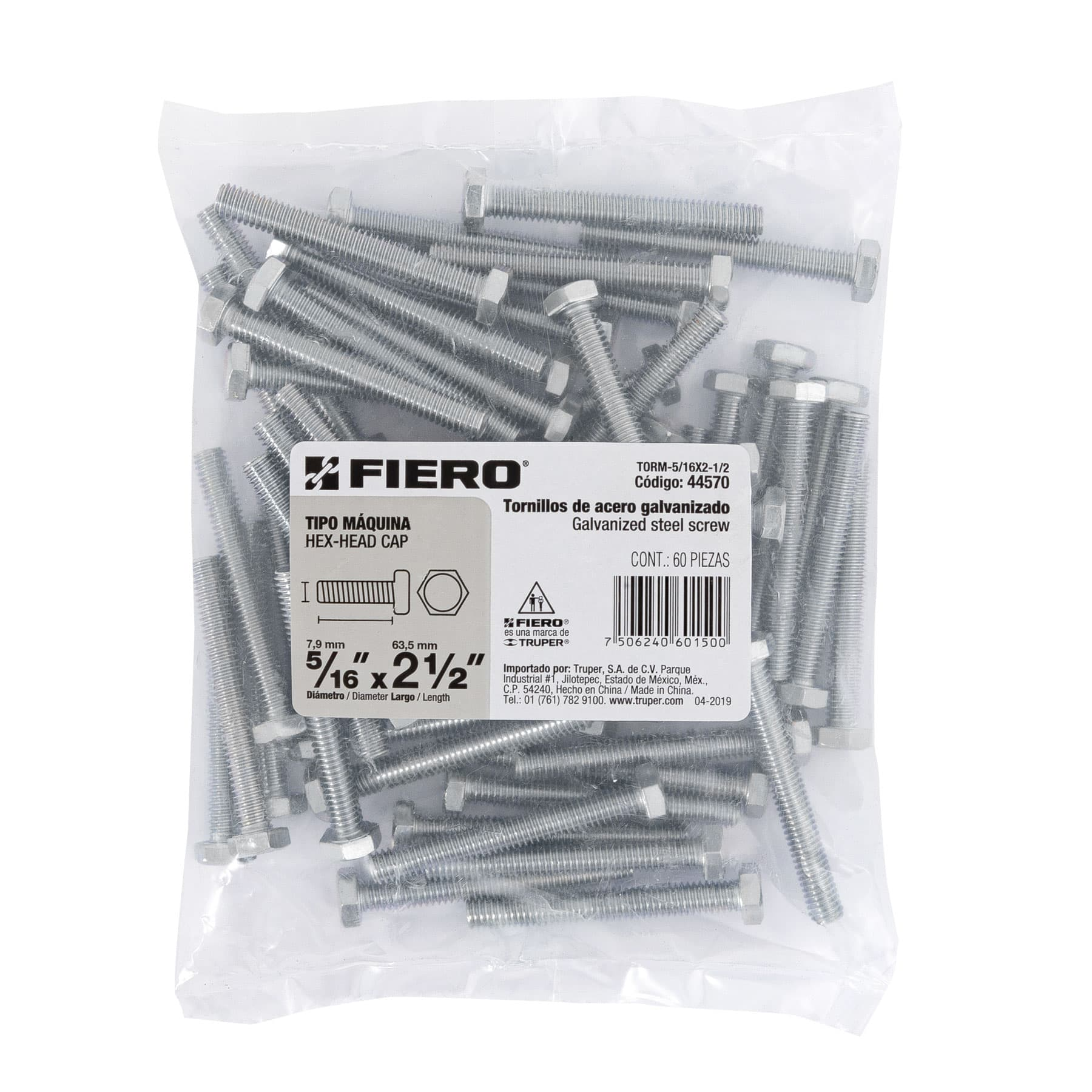 Tornillo acero galvanizado tipo máquina 5/16x2 1/2",60 pzas
