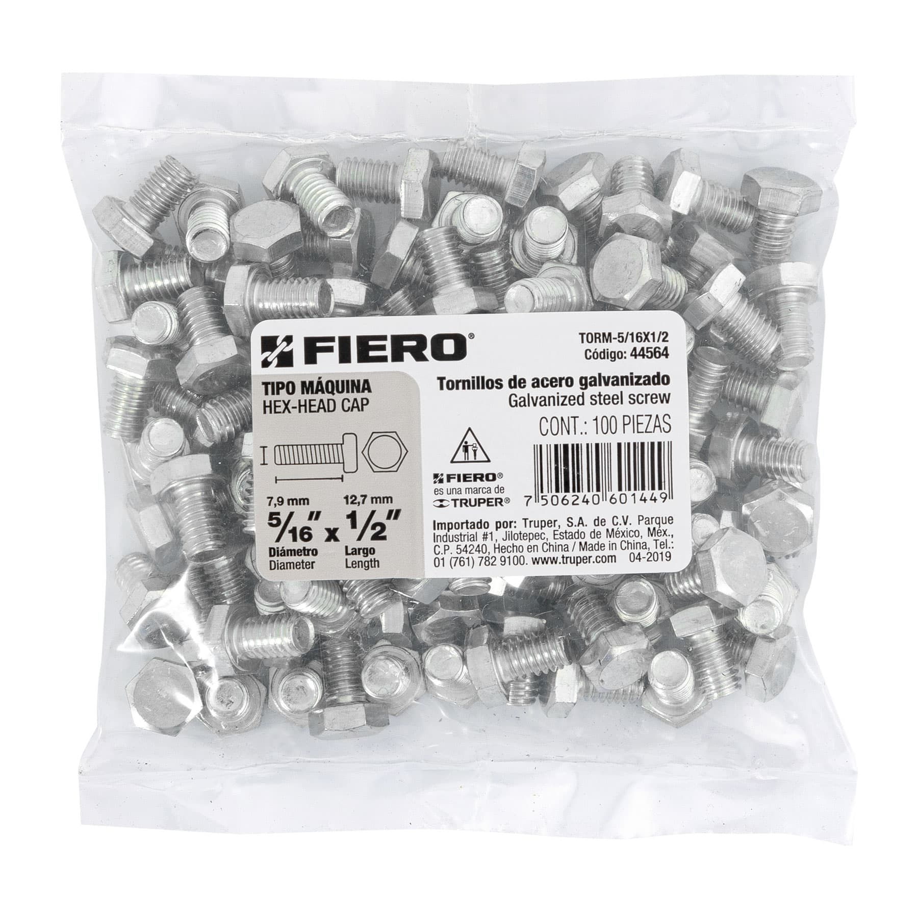 Tornillo acero galvanizado tipo máquina 5/16x1/2", 100 pzas