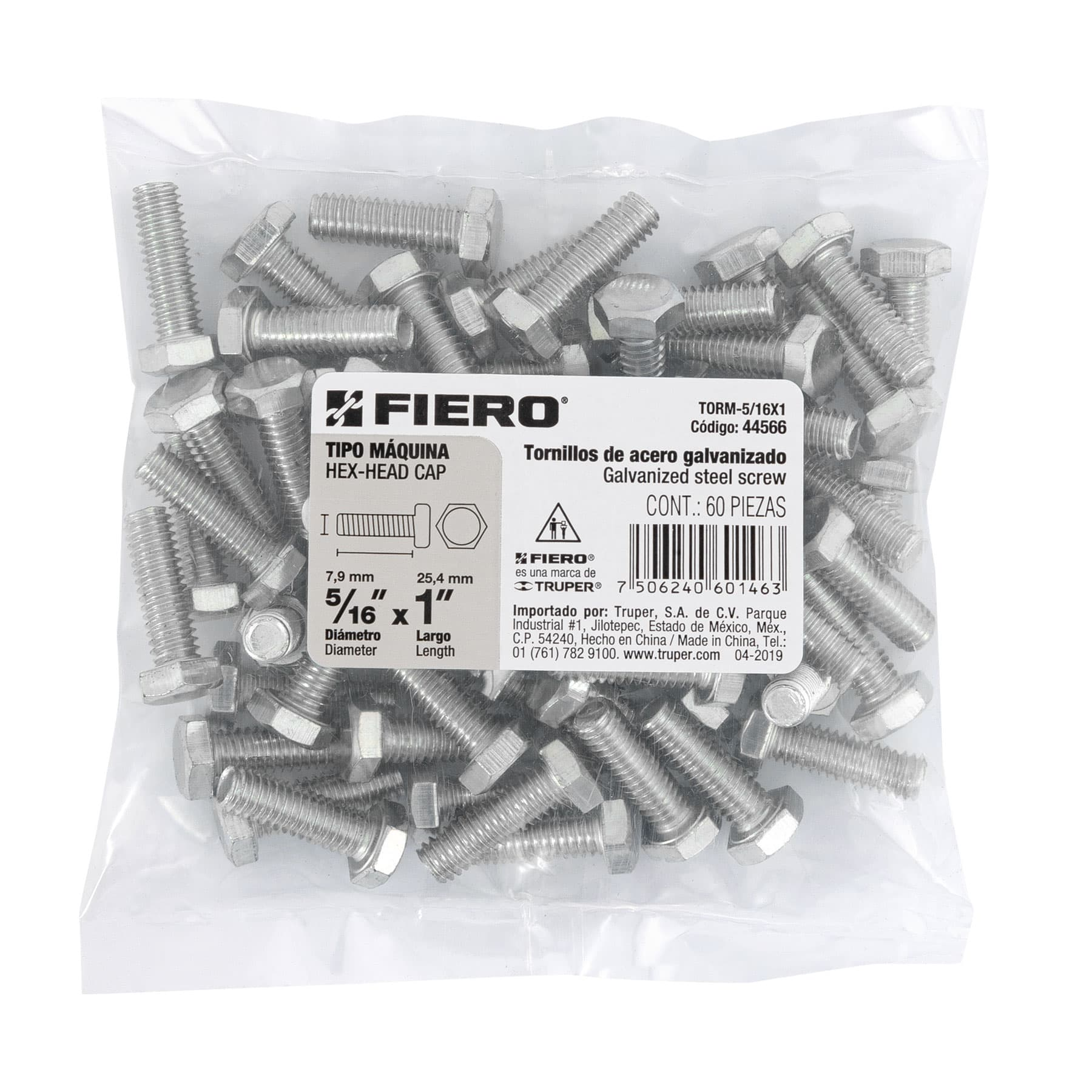 Tornillo acero galvanizado tipo máquina 5/16x1", 60 pzas
