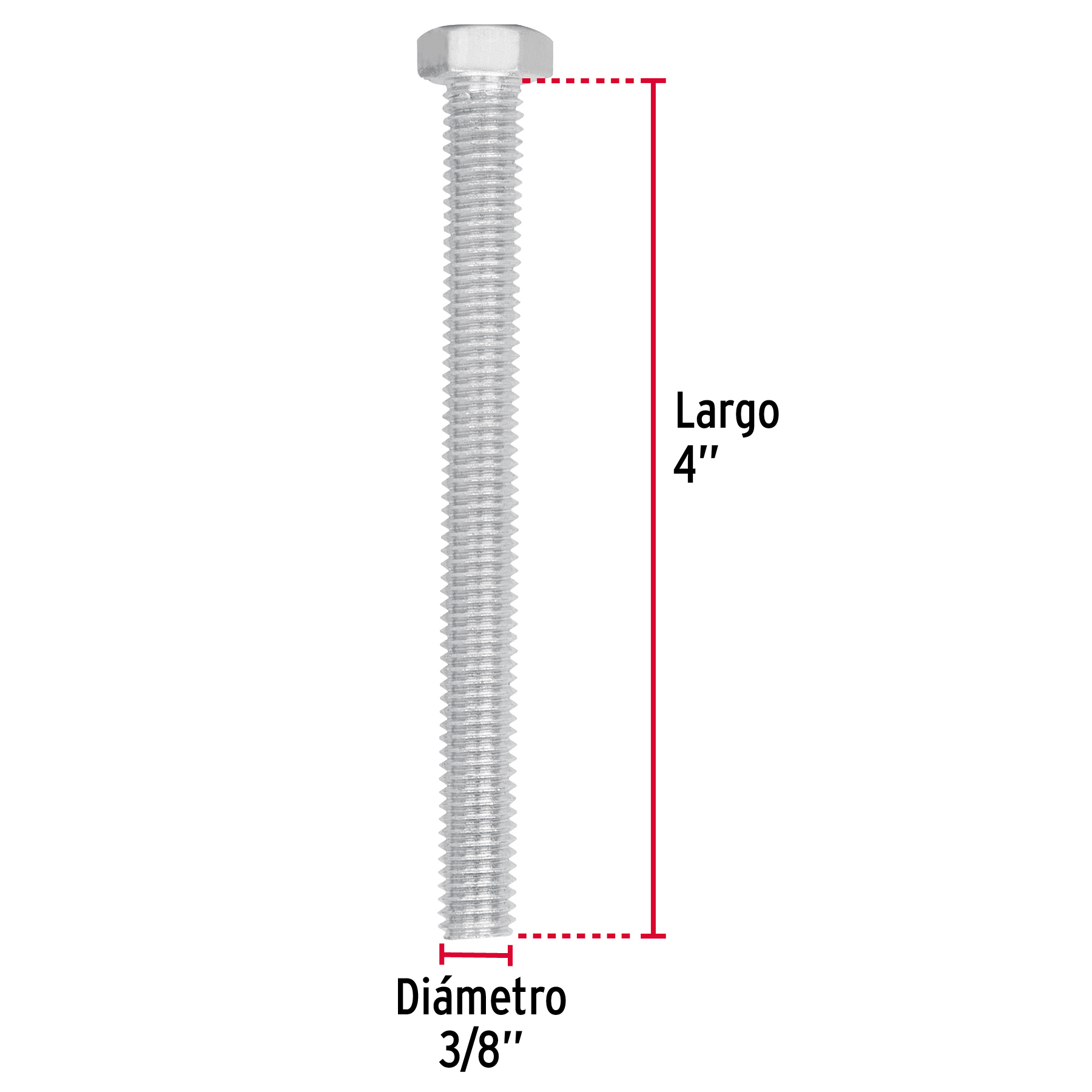 Tornillo acero galvanizado tipo máquina 3/8x4", 30 pzas