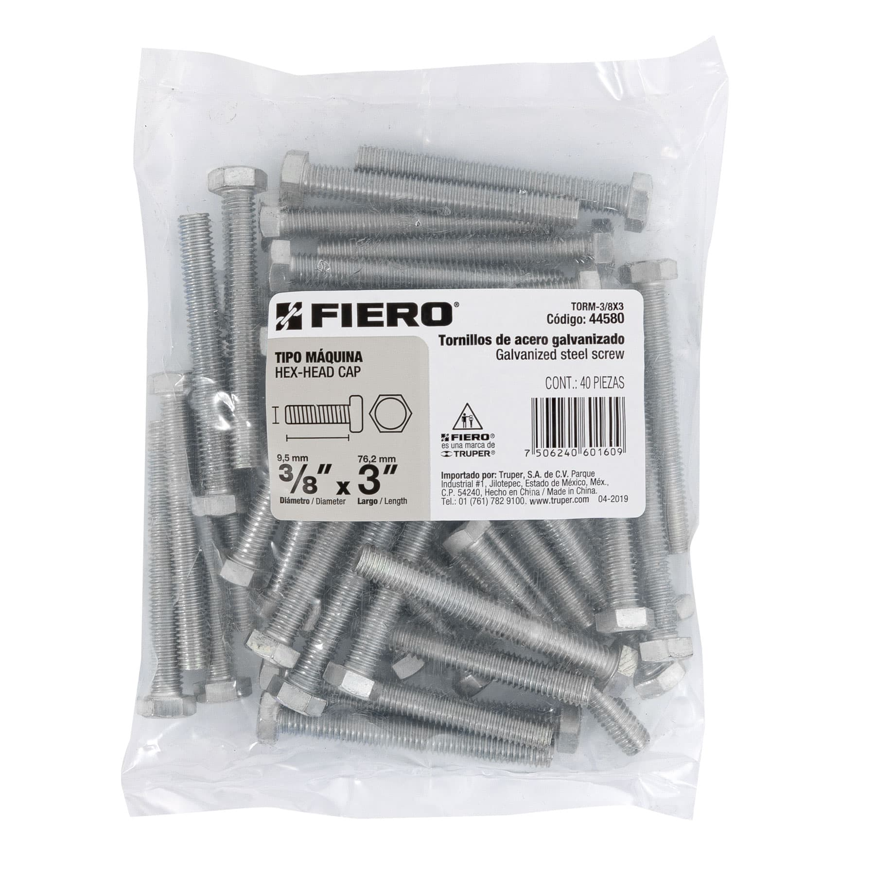 Tornillo acero galvanizado tipo máquina 3/8x3", 40 pzas