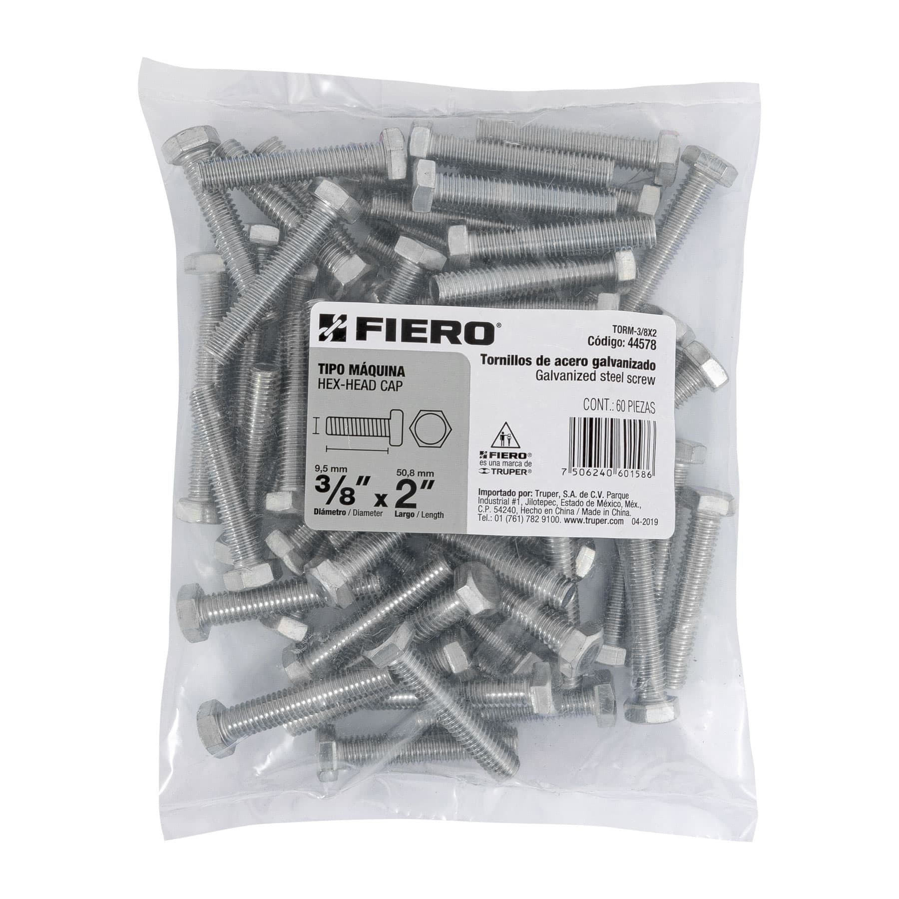 Tornillo acero galvanizado tipo máquina 3/8x2", 60 pzas