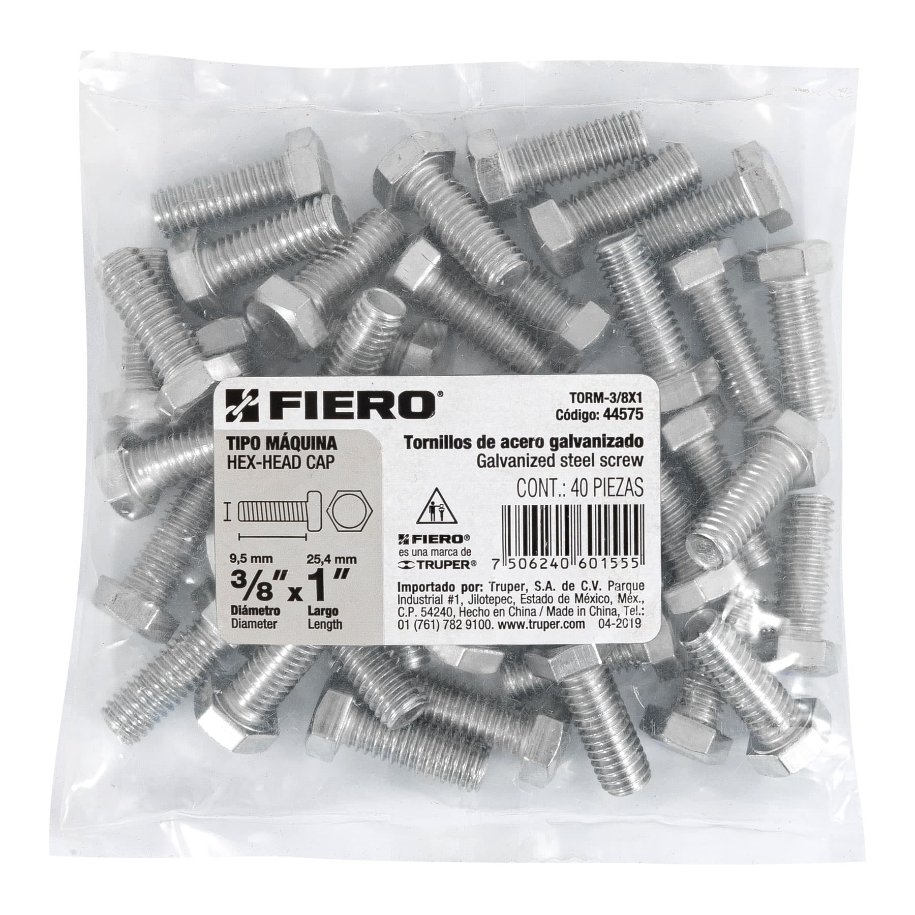 Tornillo acero galvanizado tipo máquina 3/8x1", 40 pzas