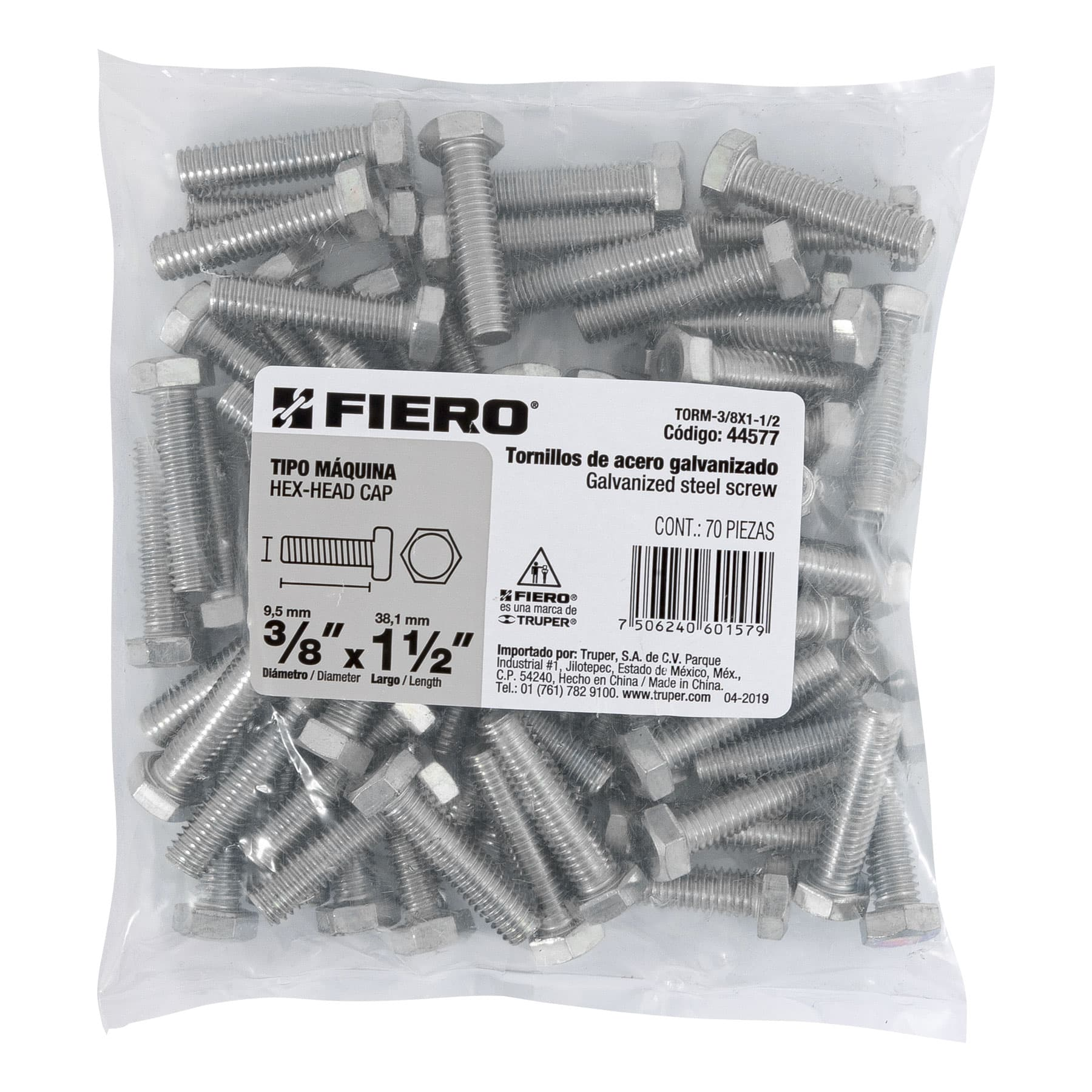Tornillo acero galvanizado tipo máquina 3/8x1 1/2", 70 pzas