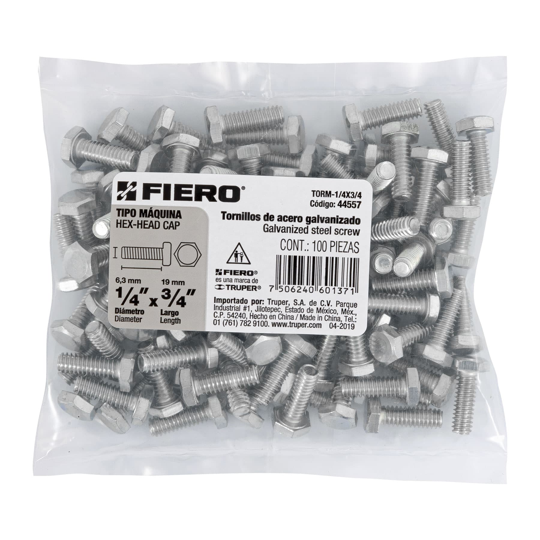 Tornillo acero galvanizado tipo máquina 1/4x3/4", 100 pzas