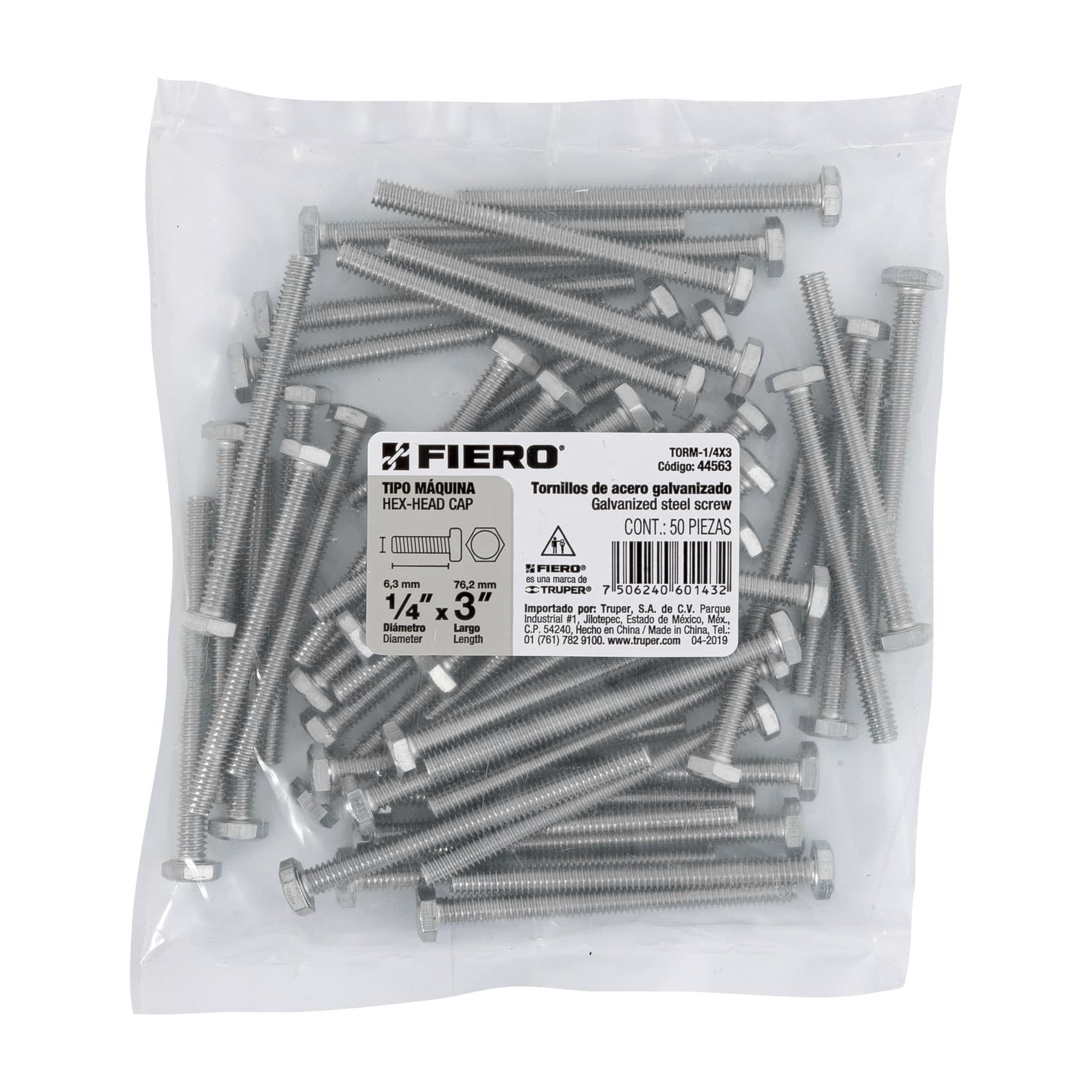 Tornillo acero galvanizado tipo máquina 1/4x3", 50 pzas