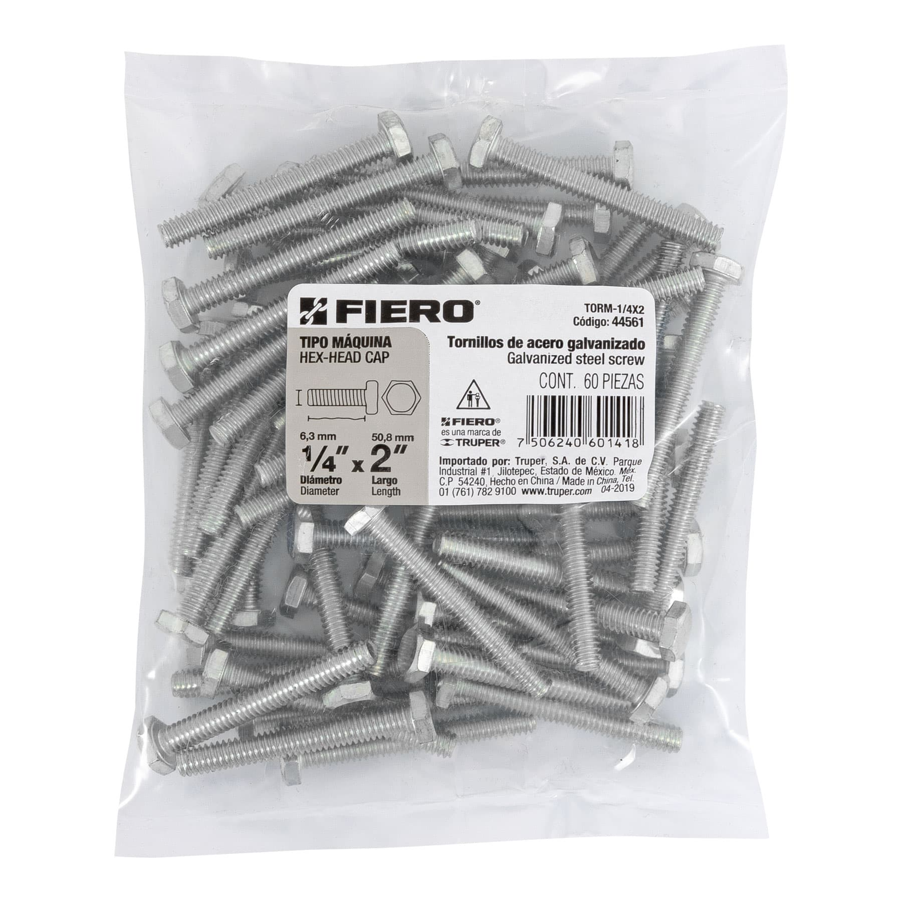 Tornillo acero galvanizado tipo máquina 1/4x2", 60 pzas