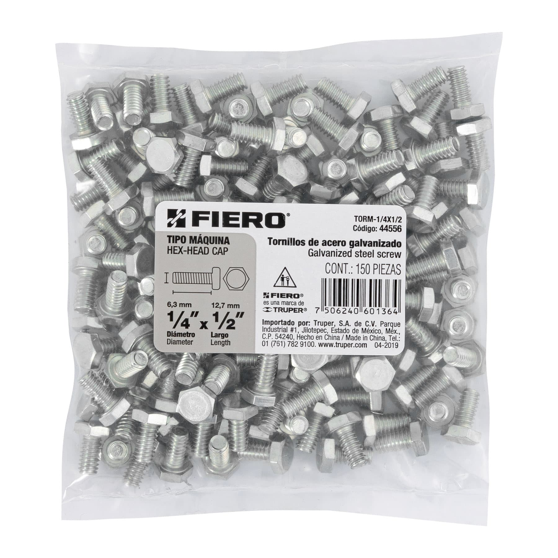 Tornillo acero galvanizado tipo máquina 1/4x1/2", 150 pzas