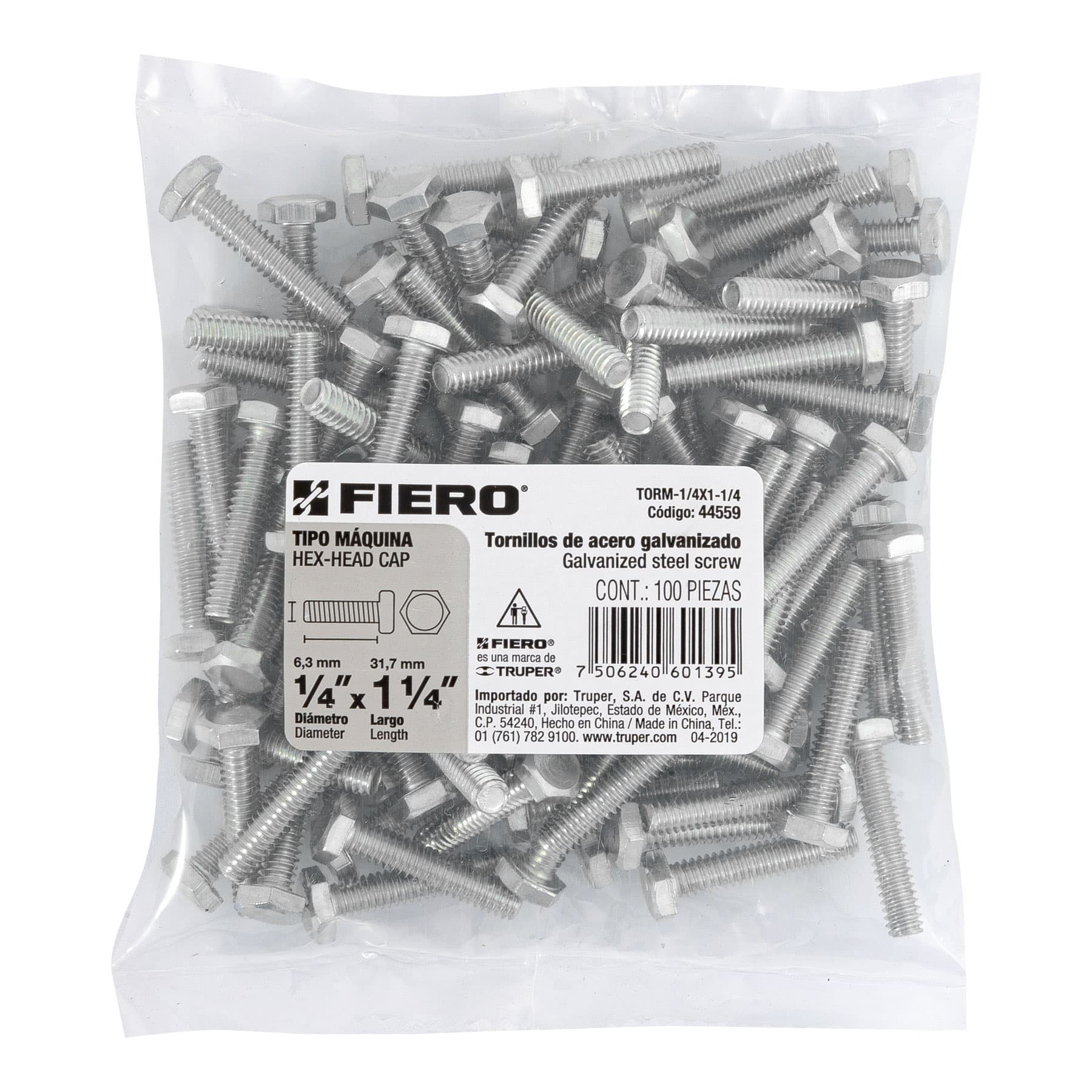 Tornillo acero galvanizado tipo máquina 1/4x1 1/4",100 pzas