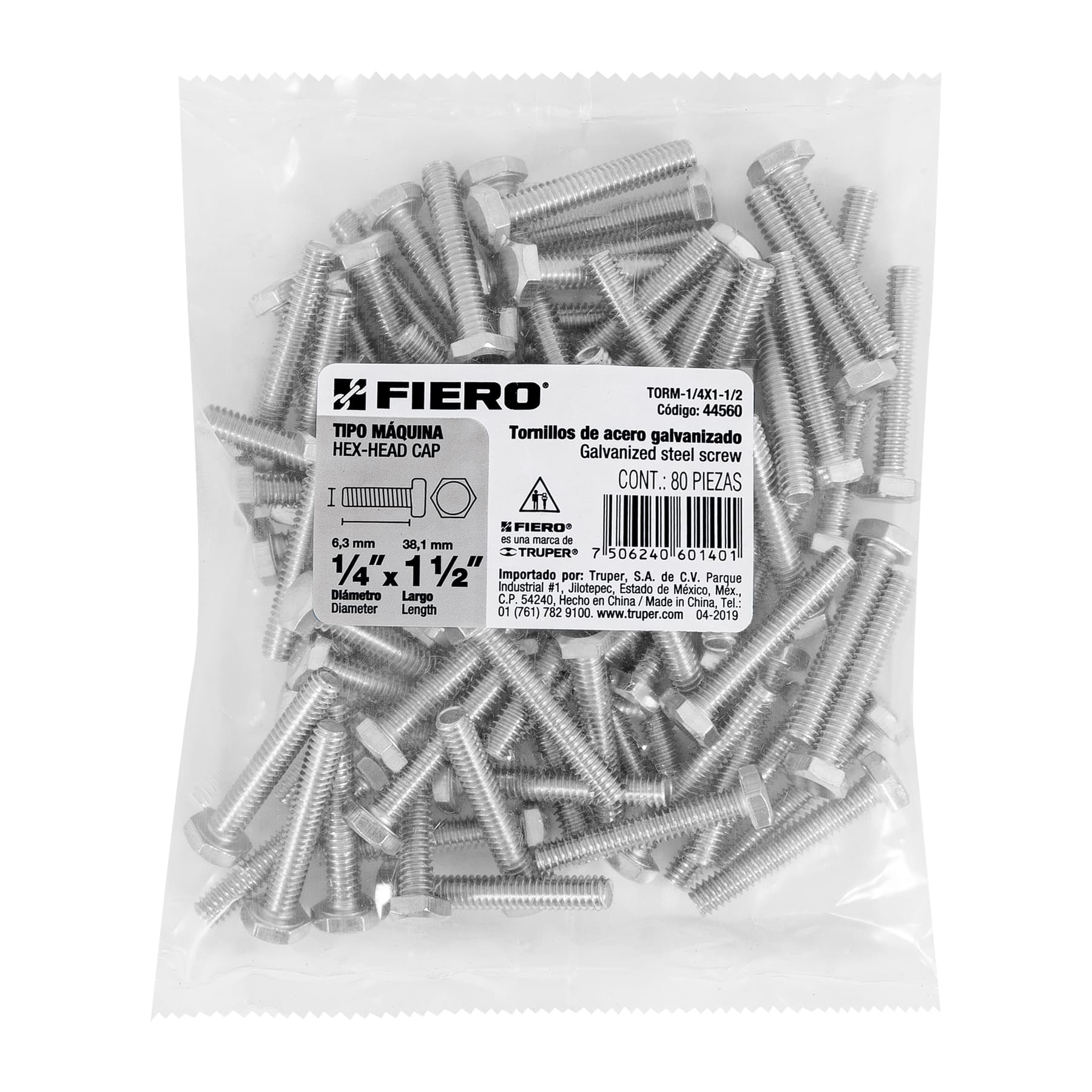 Tornillo acero galvanizado tipo máquina 1/4x1 1/2", 80 pzas