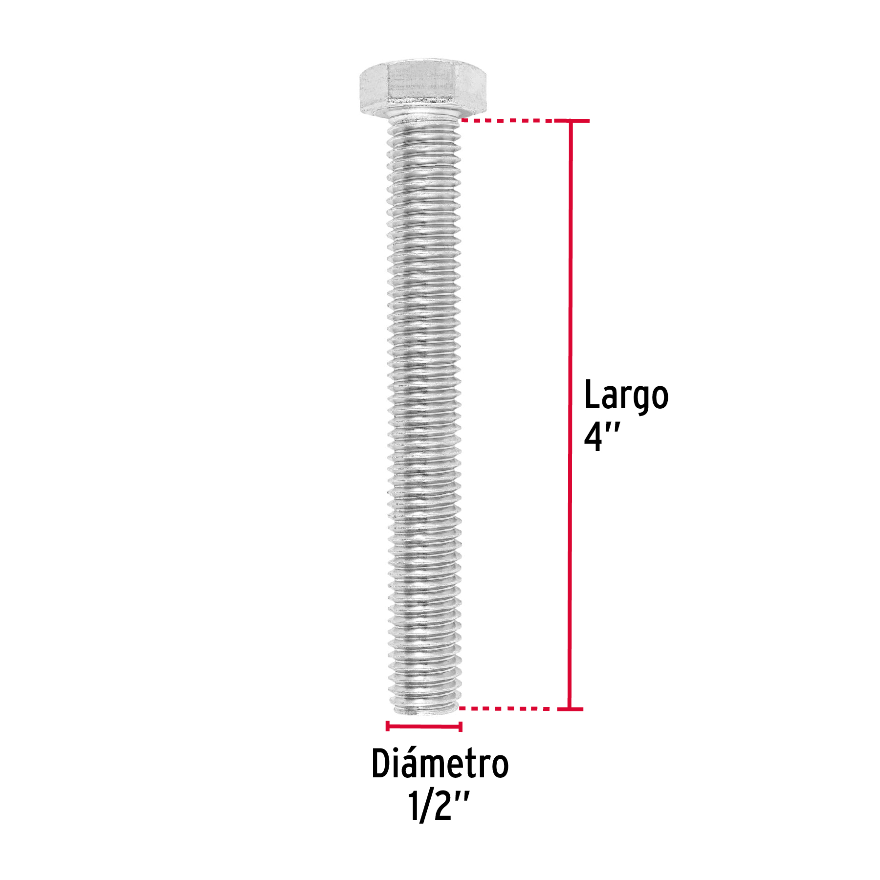 Tornillo acero galvanizado tipo máquina 1/2x4", 15 pzas