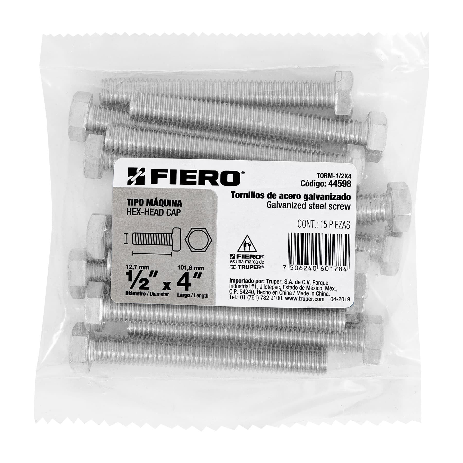 Tornillo acero galvanizado tipo máquina 1/2x4", 15 pzas