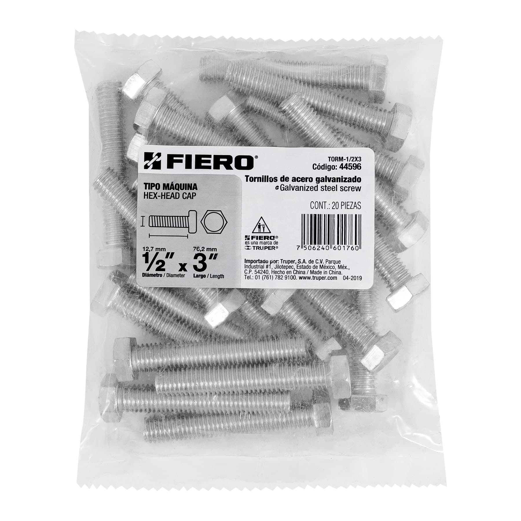 Tornillo acero galvanizado tipo máquina 1/2x3", 20 pzas