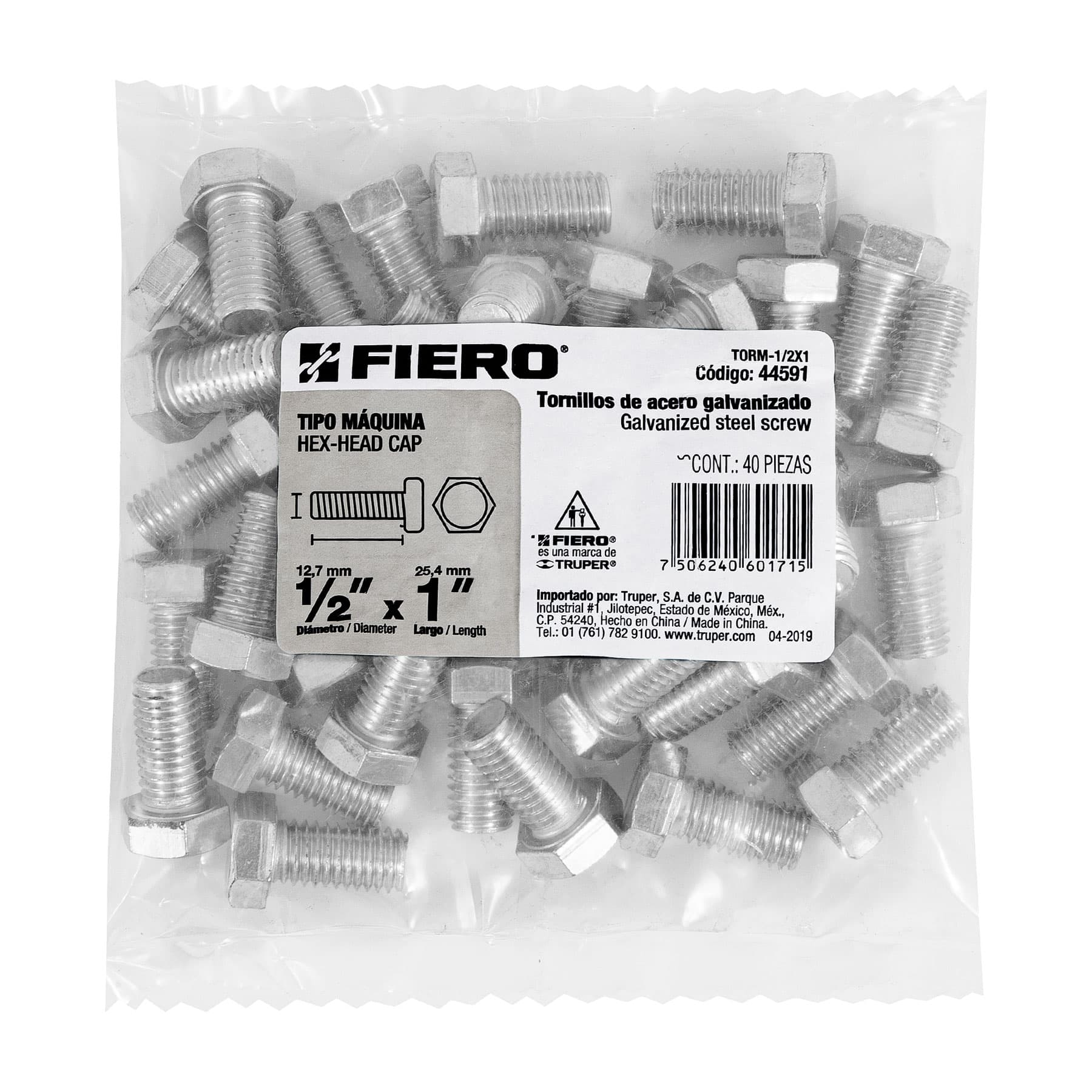 Tornillo acero galvanizado tipo máquina 1/2x1", 40 pzas