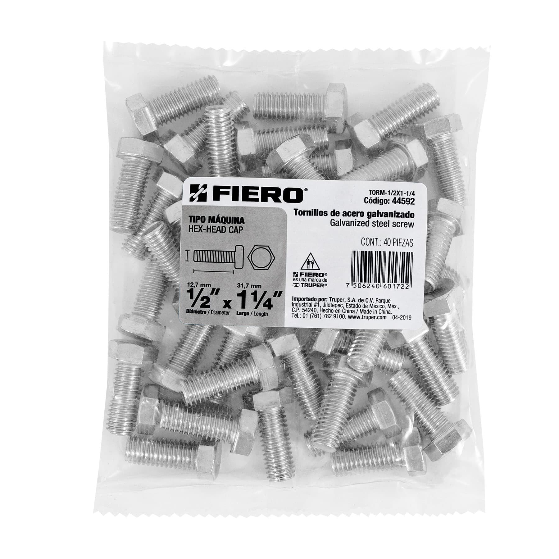 Tornillo acero galvanizado tipo máquina 1/2x1 1/4",40 pzas