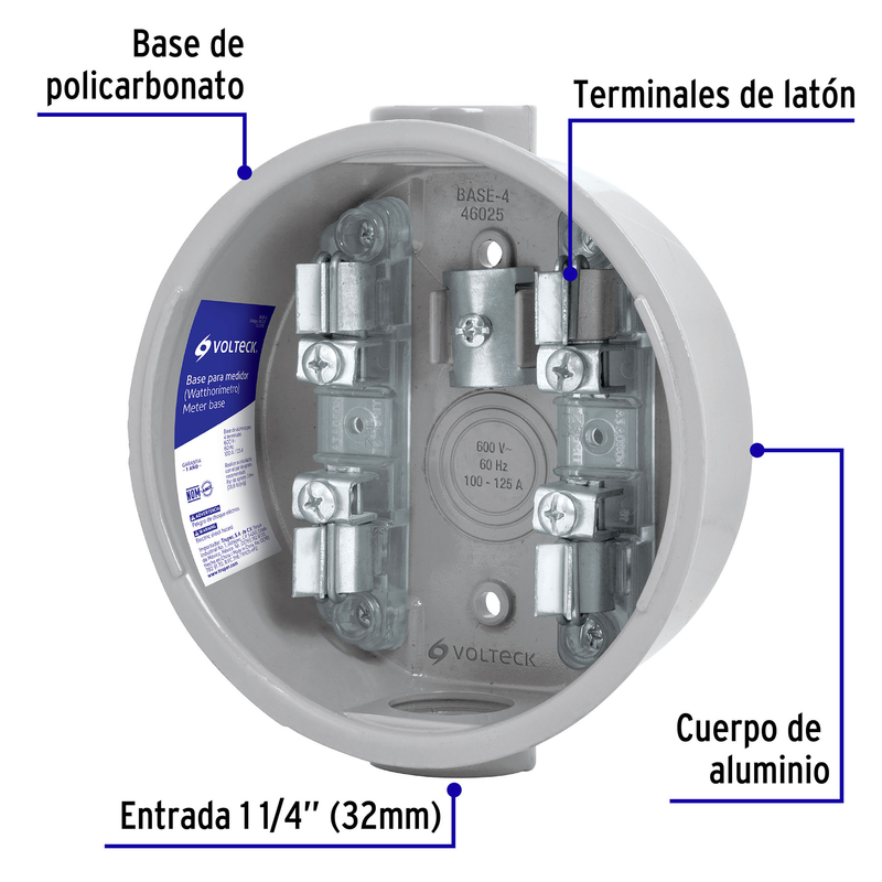 Base para watthorimetro, 4 terminales, Volteck