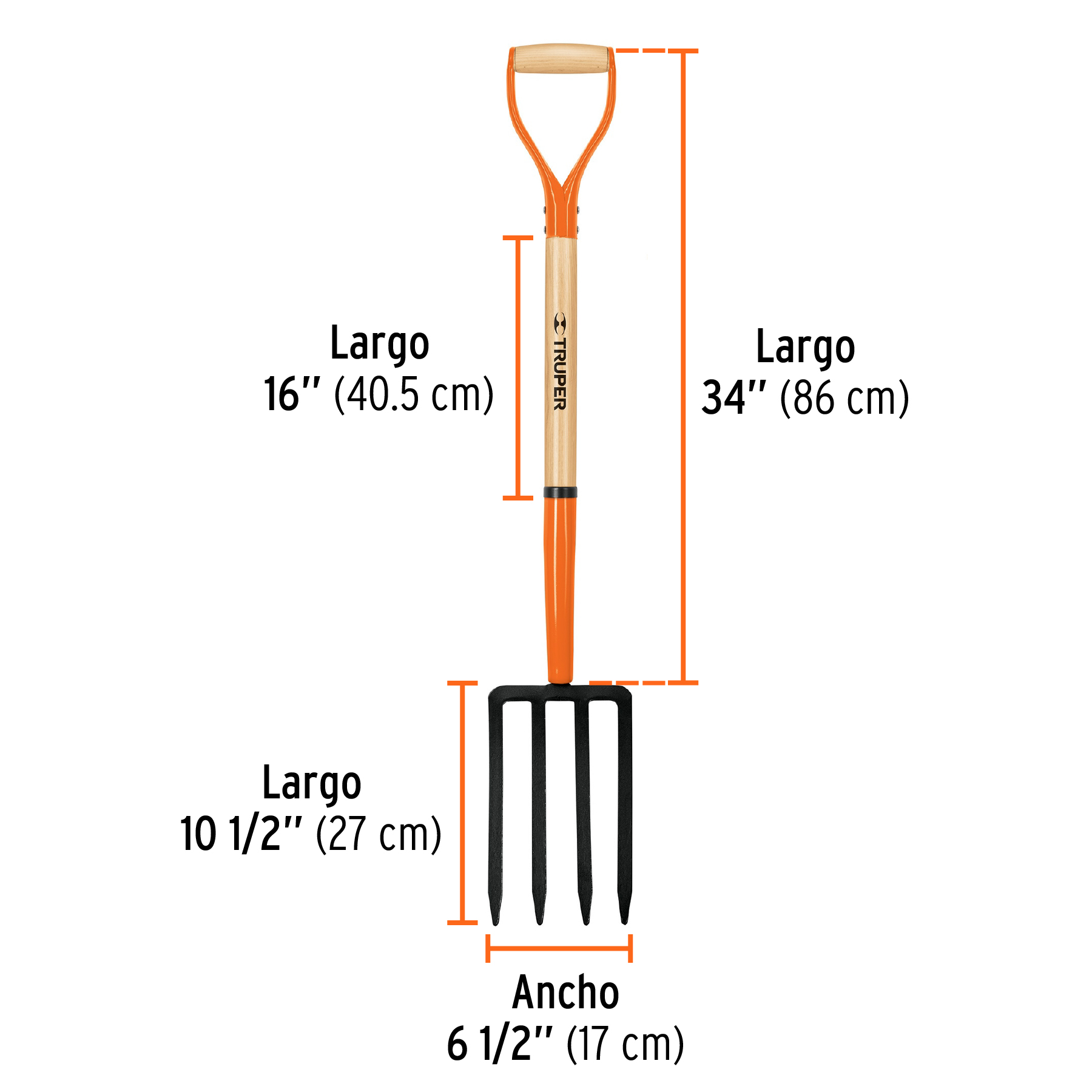 Bieldo para jardín, 4 dientes, puño metálico, mango 30"