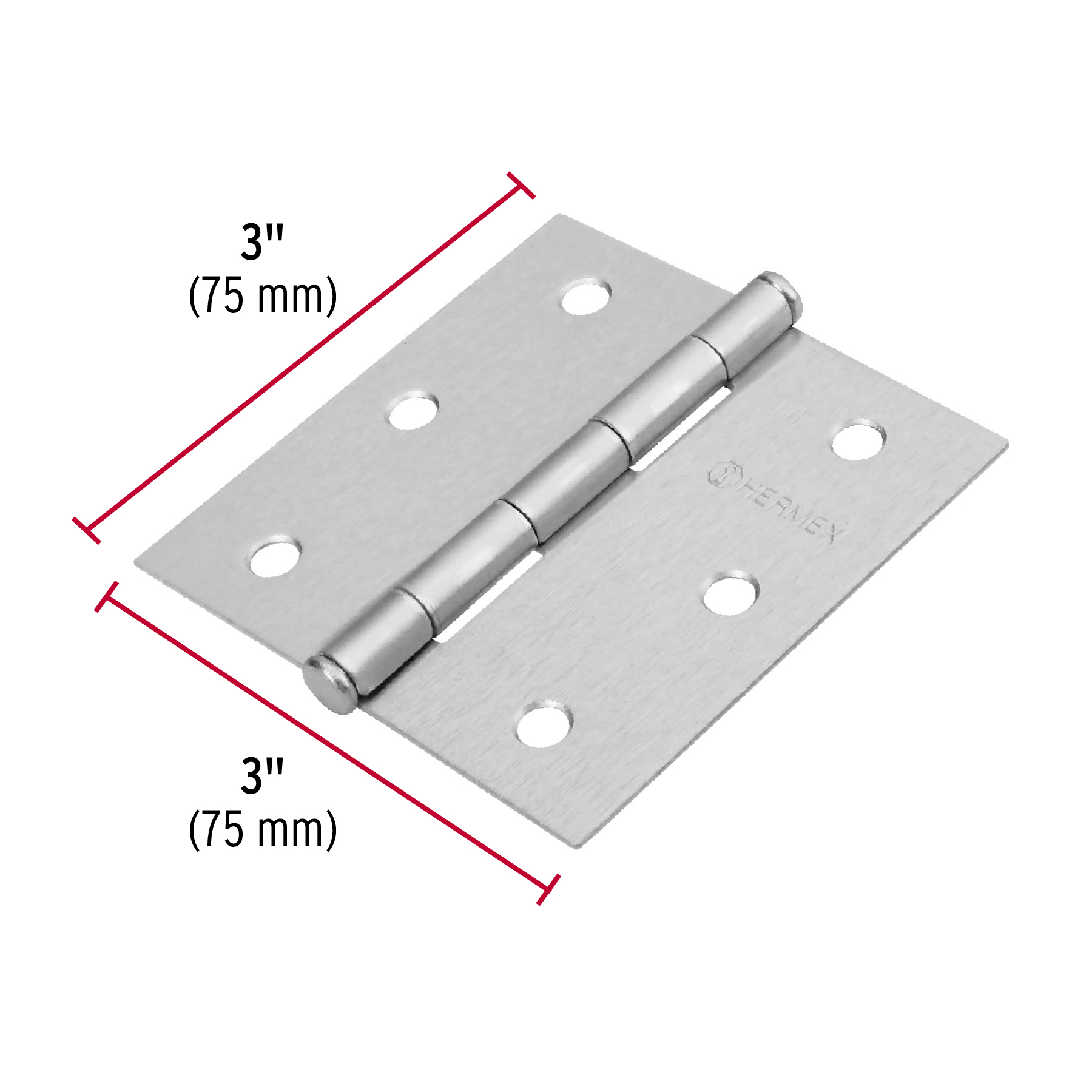 Bisagra cuadrada 3", acero cromo mate, plana, Hermex Basic
