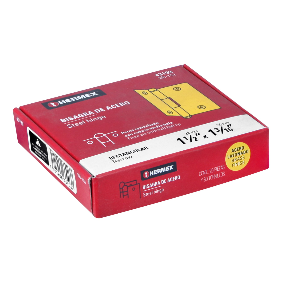 Bisagra rectangular 1-1/2", acero latonado