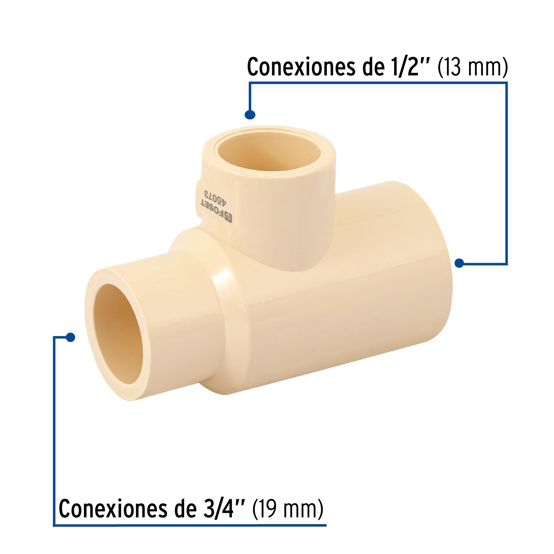 Tee reducida de CPVC, 3/4" x 1/2" x 1/2"