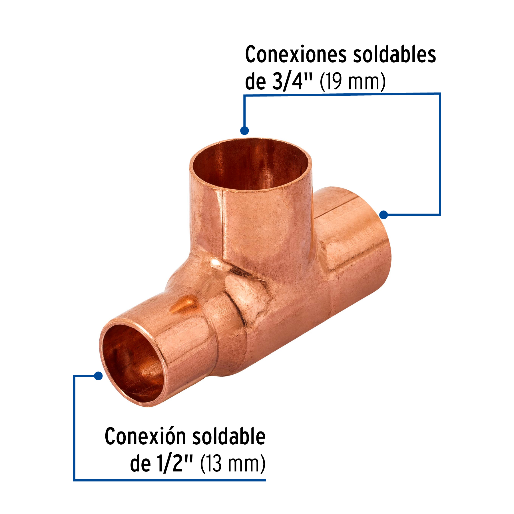 Tee de cobre reducida, 3/4" x 1/2" x 3/4"