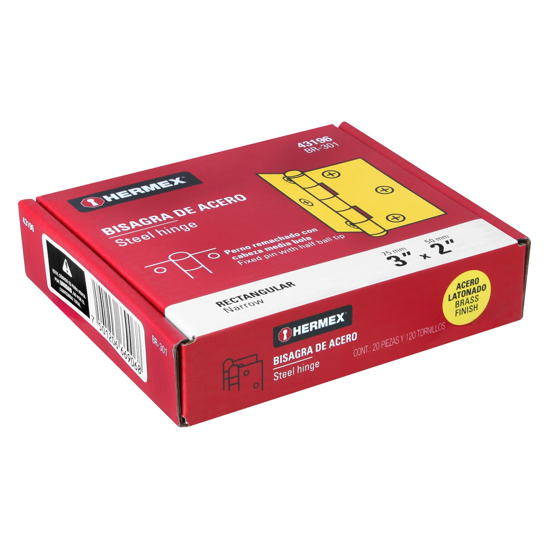 Bisagra rectangular 3", acero latonado