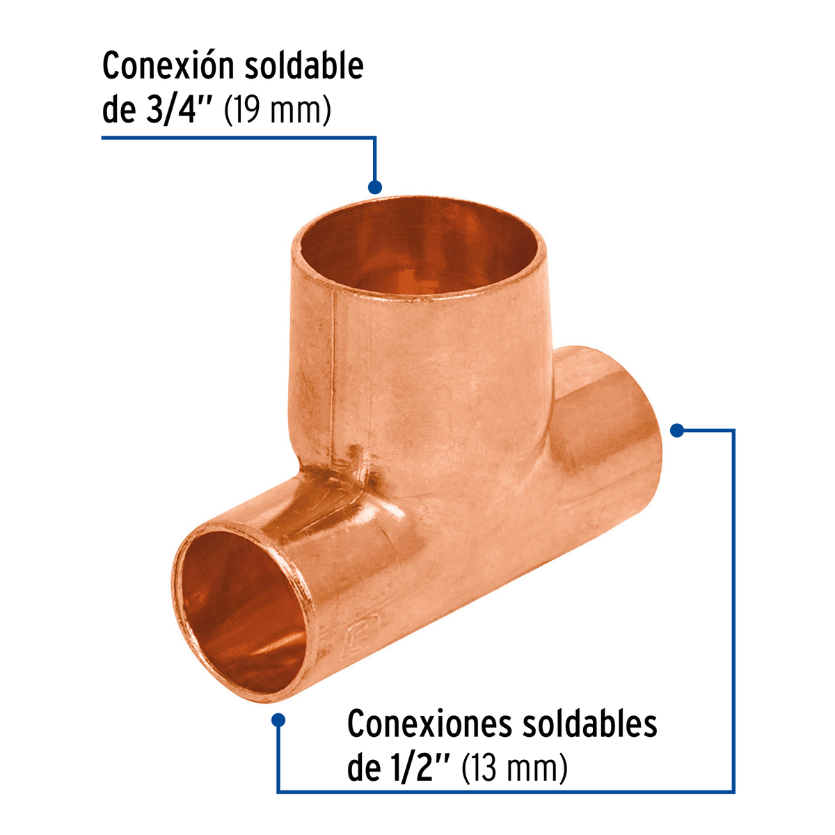 Tee de cobre reducida, 1/2" x 1/2" x 3/4"