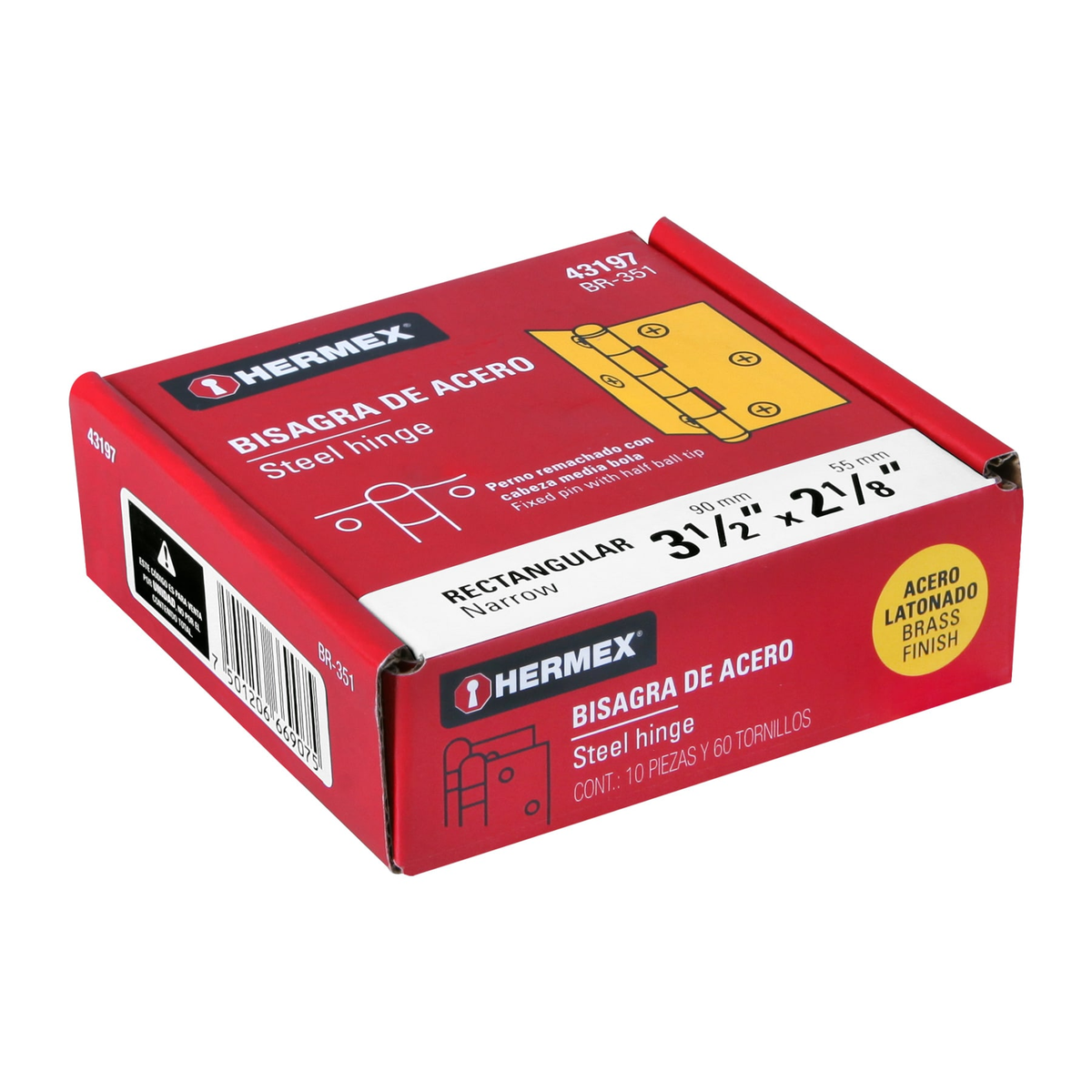 Bisagra rectangular 3-1/2", acero latonado