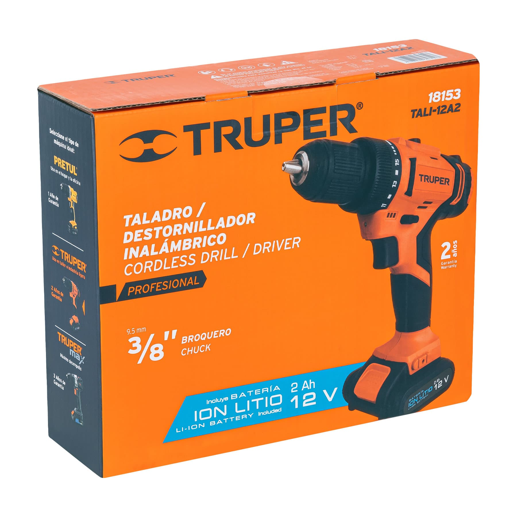 Taladro inalámbrico, batería ion litio, 12 V, 3/8"