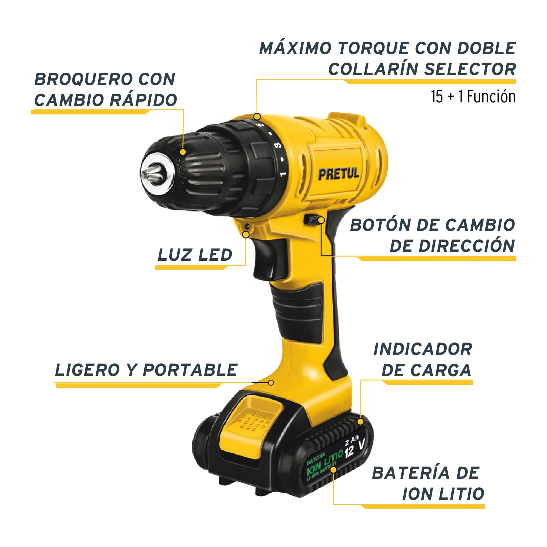 Taladro inalámbrico, batería ion litio 12 V Pretul