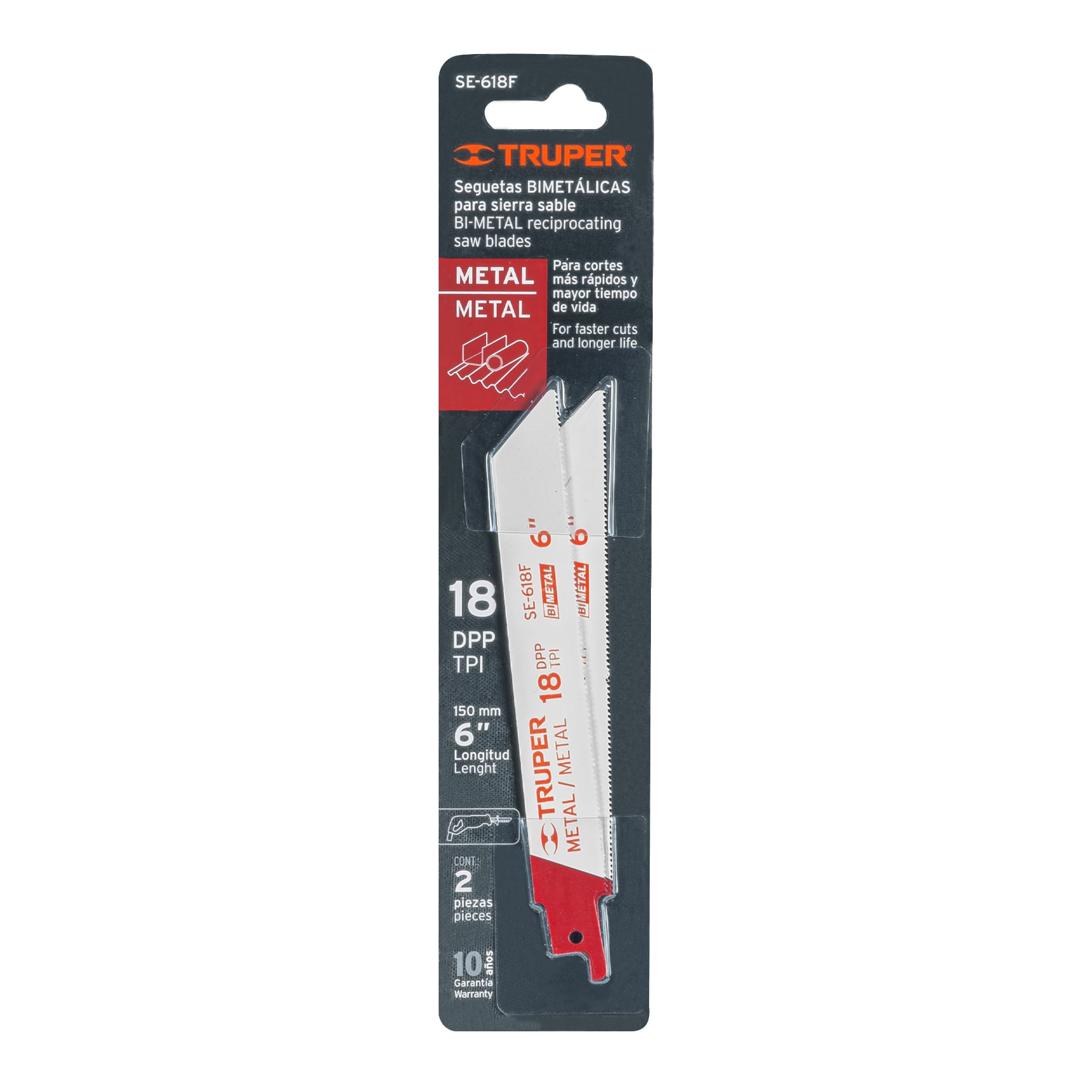Segueta sierra sable, 6", 18 DPP, recta para metales, 2 pzas