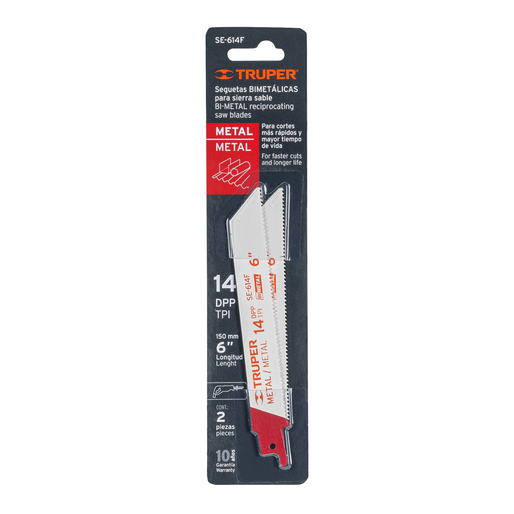 Segueta sierra sable, 6", 14 DPP, recta para metales, 2 pzas