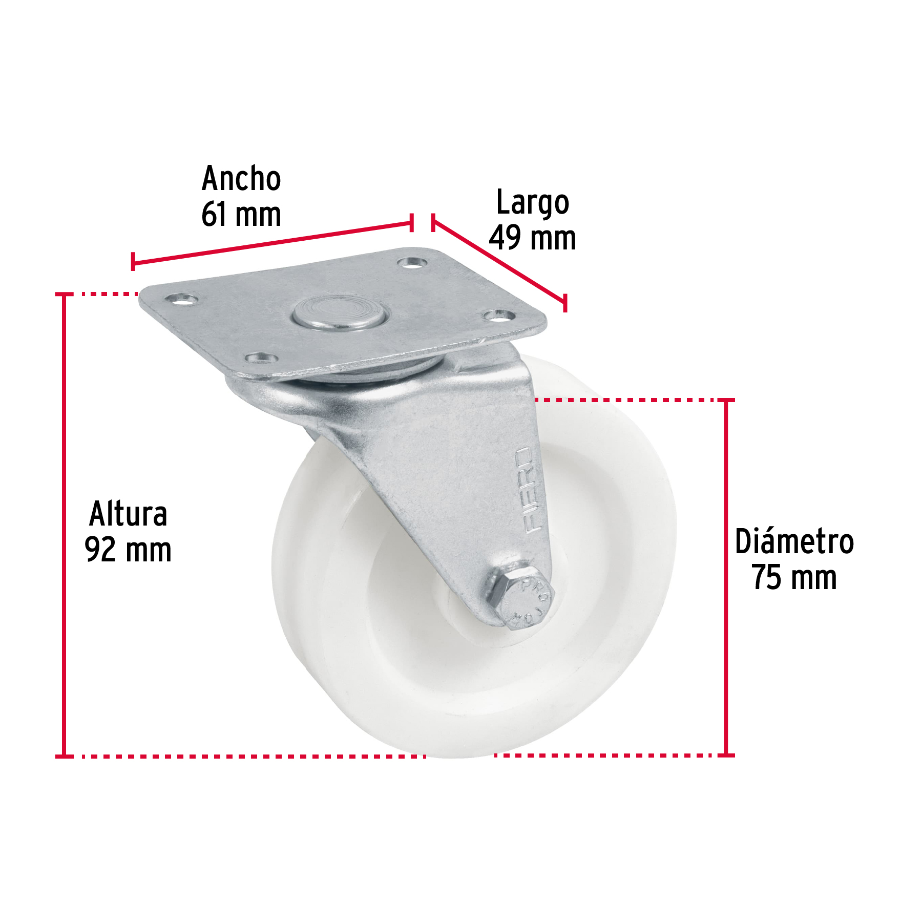 Rodaja de polietileno 3", placa giratoria, pisada 22mm