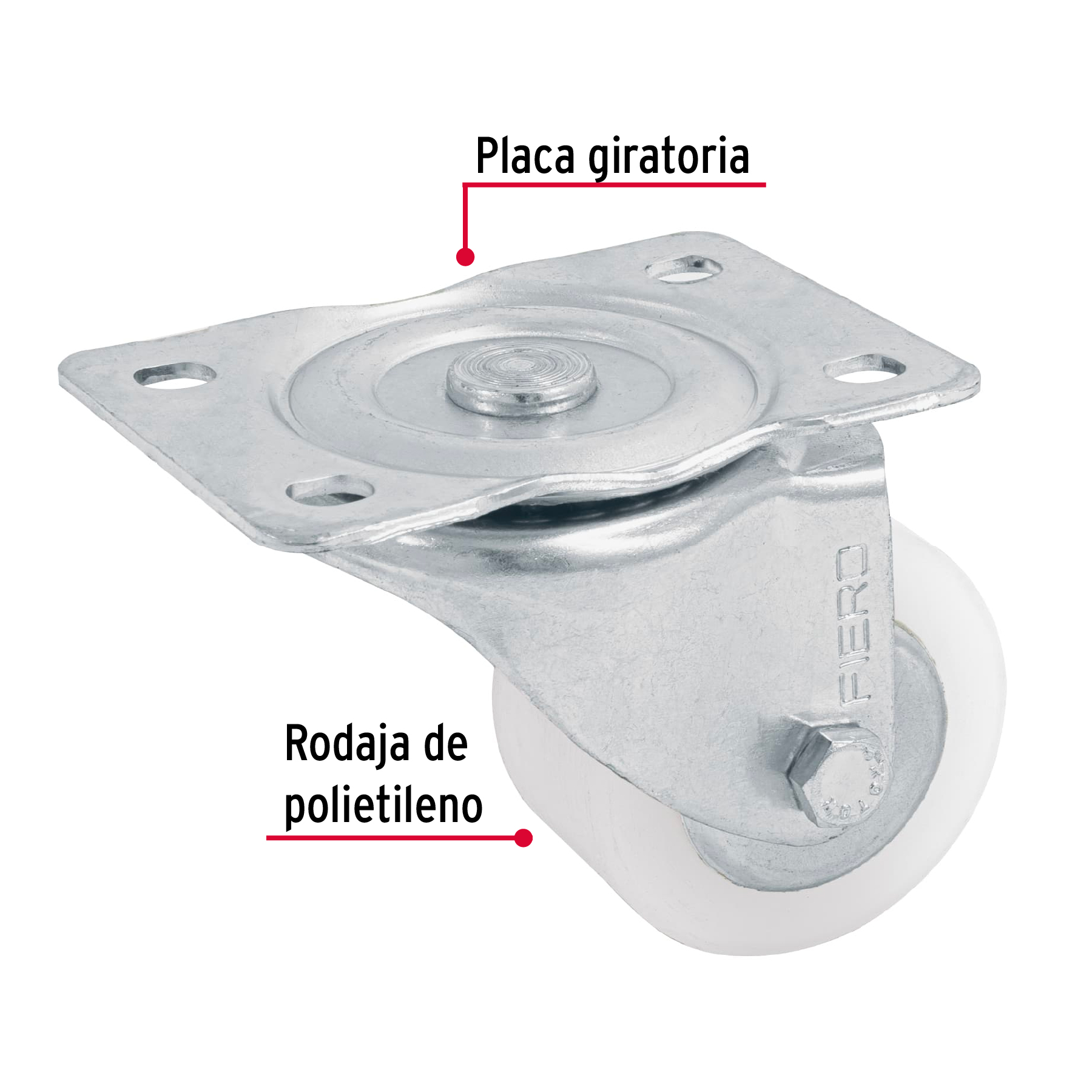 Rodaja de polietileno 2-1/2", placa giratoria, pisada 27mm
