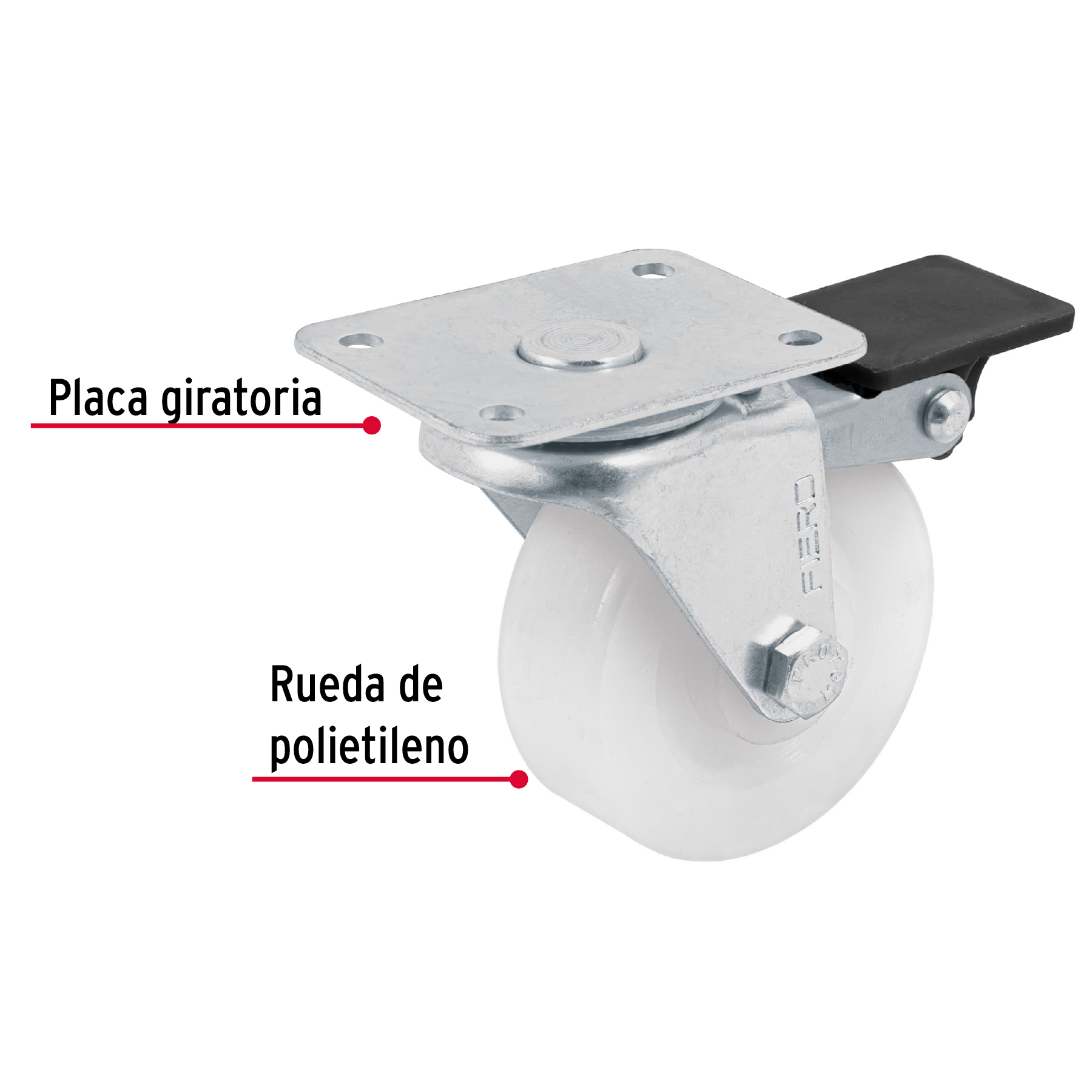 Rodaja de polietileno 2-1/2", placa giratoria,22mm con freno