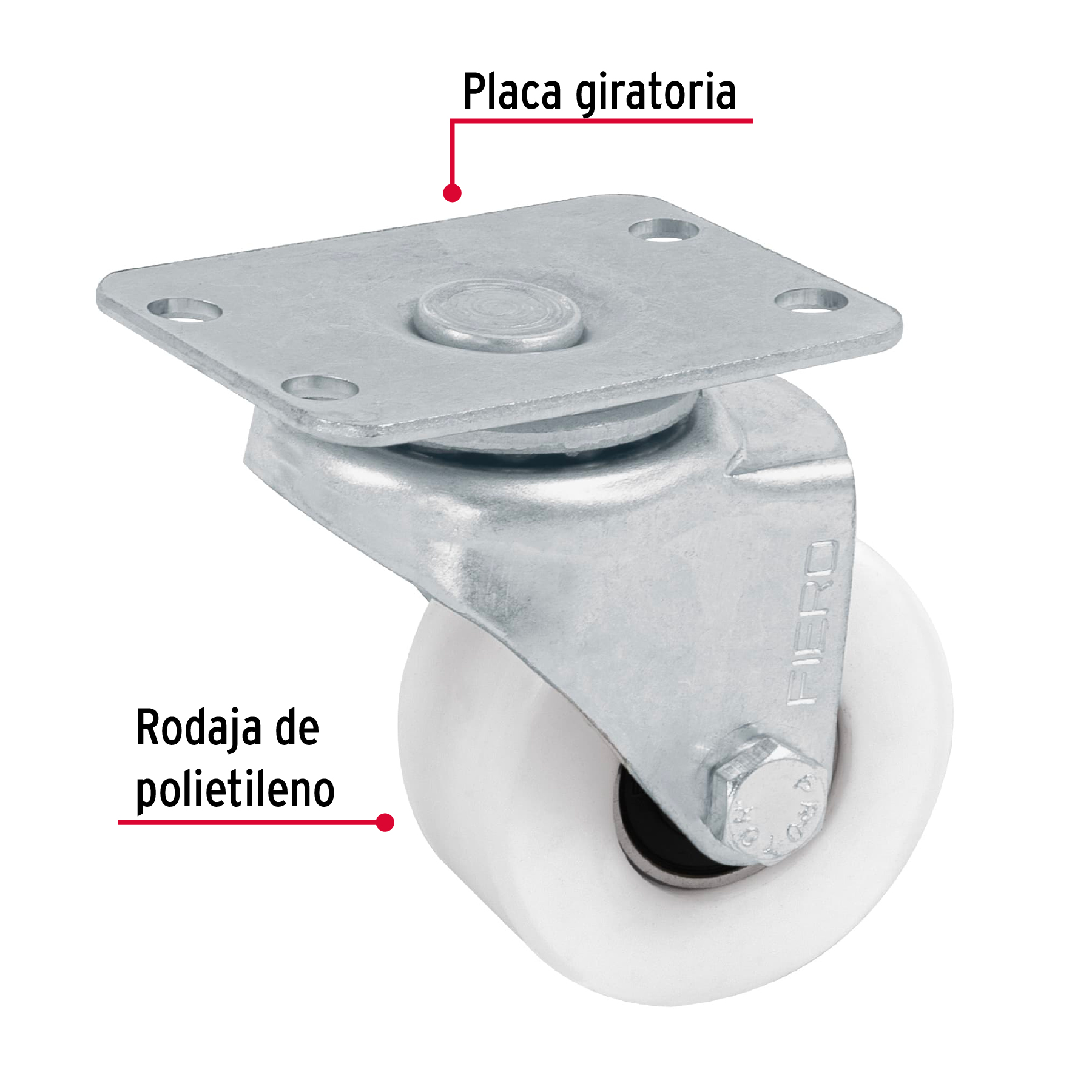 Rodaja de polietileno 2", placa giratoria, pisada 25mm