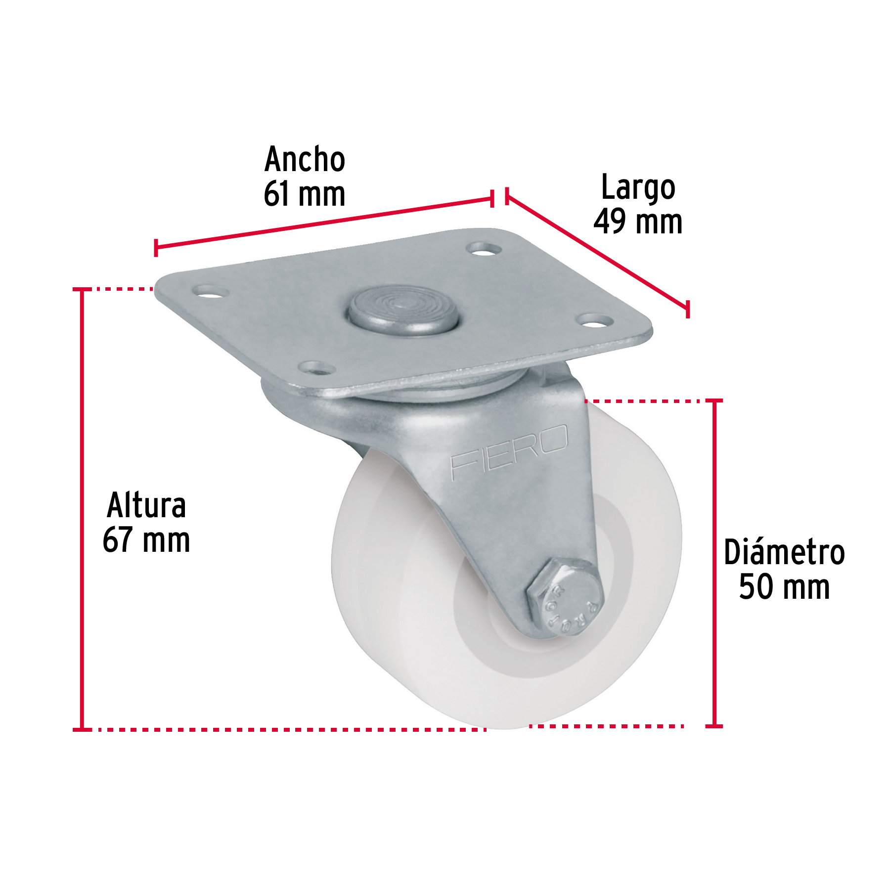 Rodaja de polietileno 2", placa giratoria, pisada 22mm