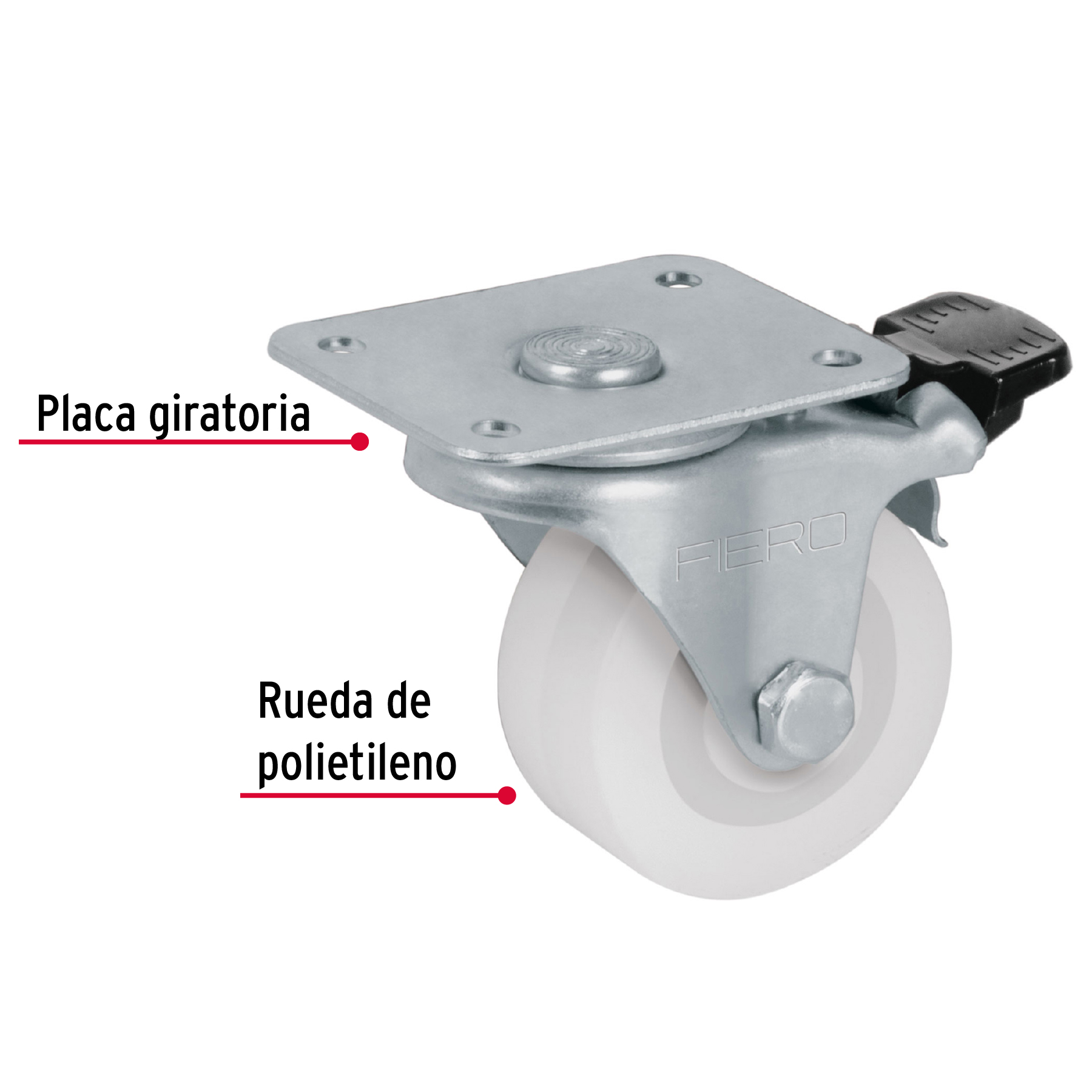 Rodaja de polietileno 2", placa giratoria, 22mm con freno