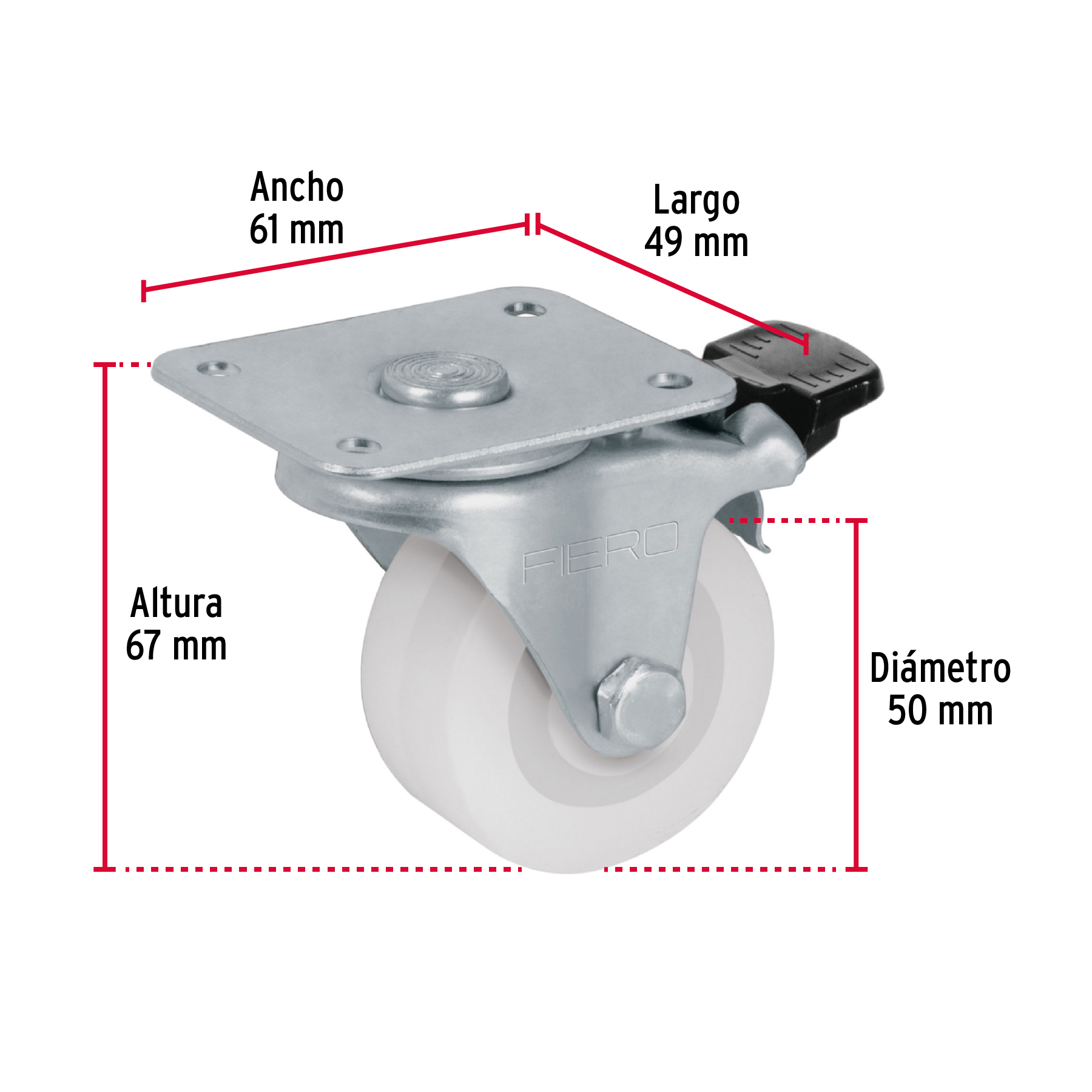 Rodaja de polietileno 2", placa giratoria, 22mm con freno
