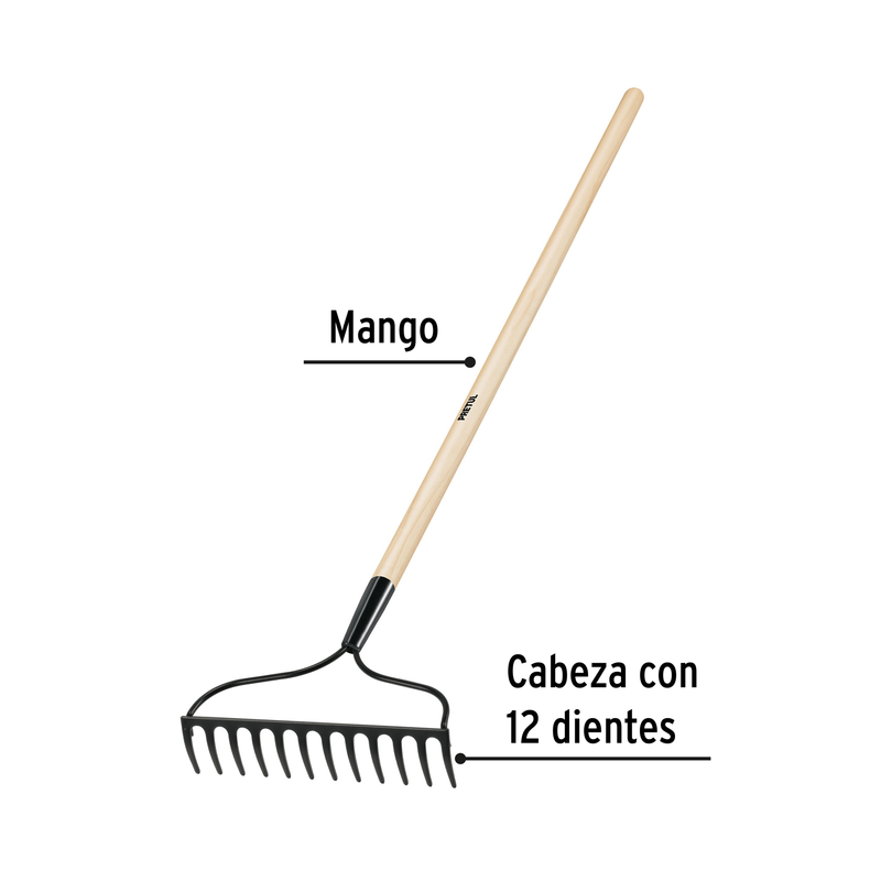 Rastrillo jardinero, 12 dientes, Pretul