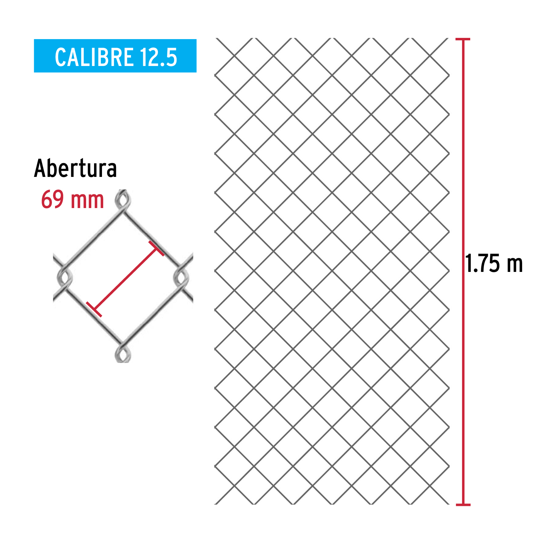 Malla ciclónica, calibre 12.5, abertura 69 x 69, 1.75 x 20 m